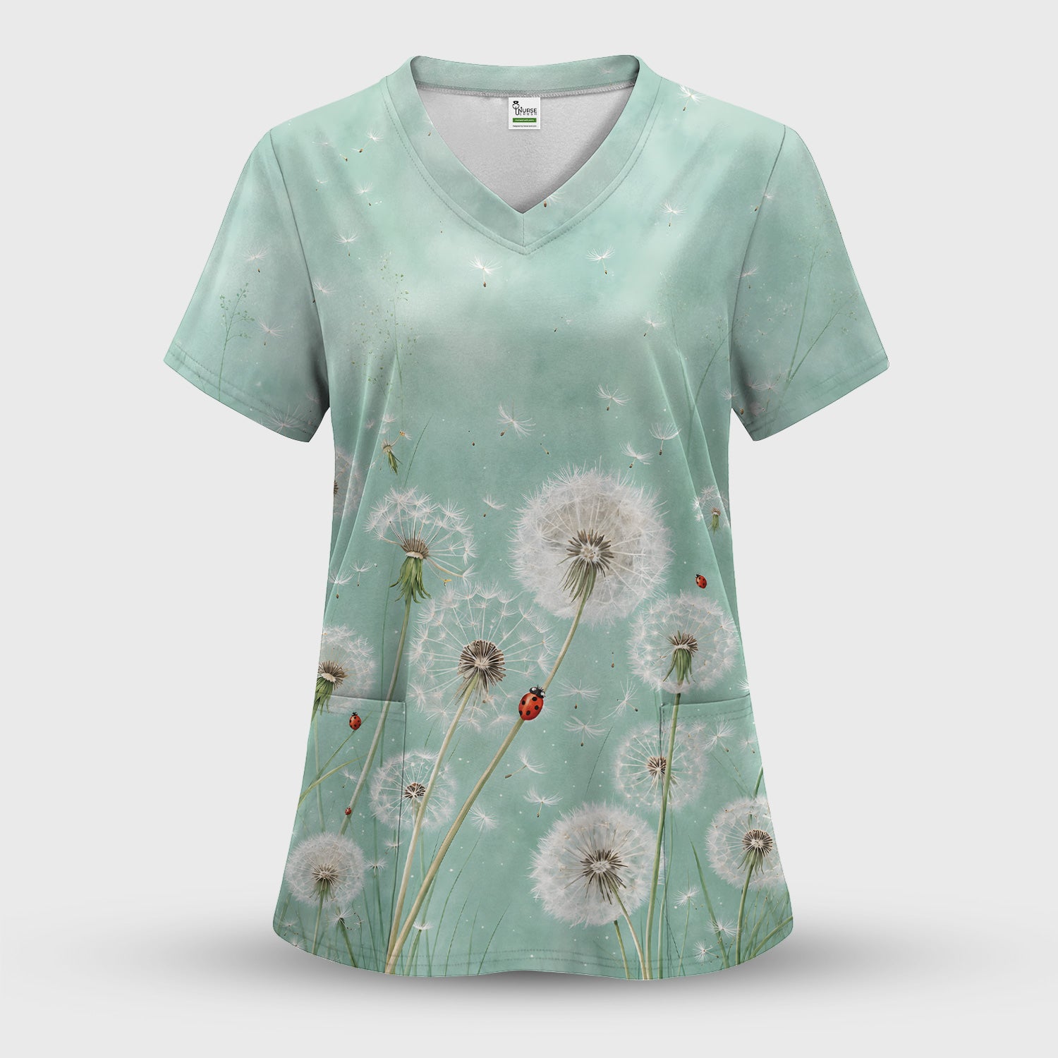 Dandelion Wishes Ladybug Meadow Pattern Scrub Set, Scrub Pants and V Neck Top