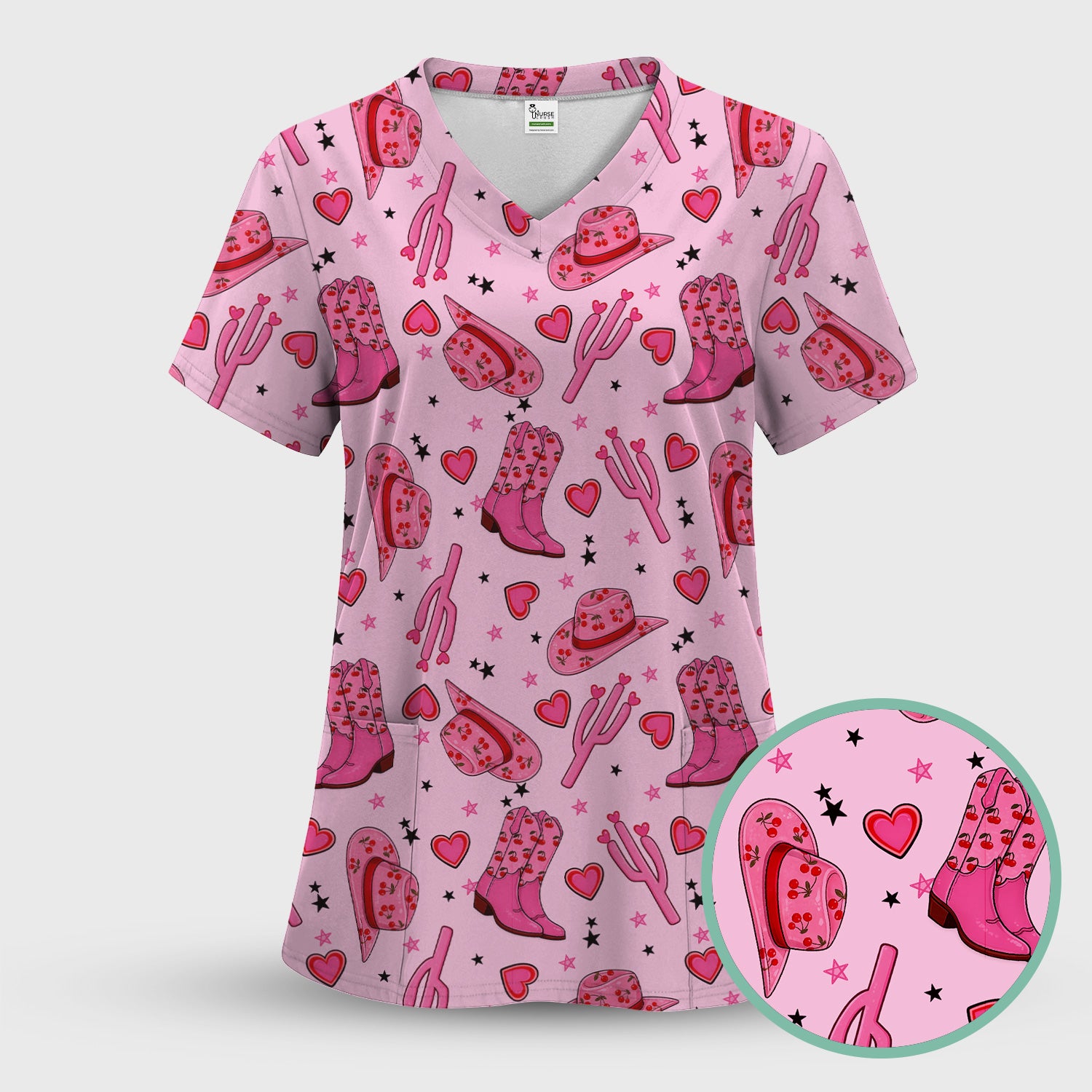Pink Cowgirl Western Boots Hat Pattern Scrub Top, Breathable Medical Uniform Top