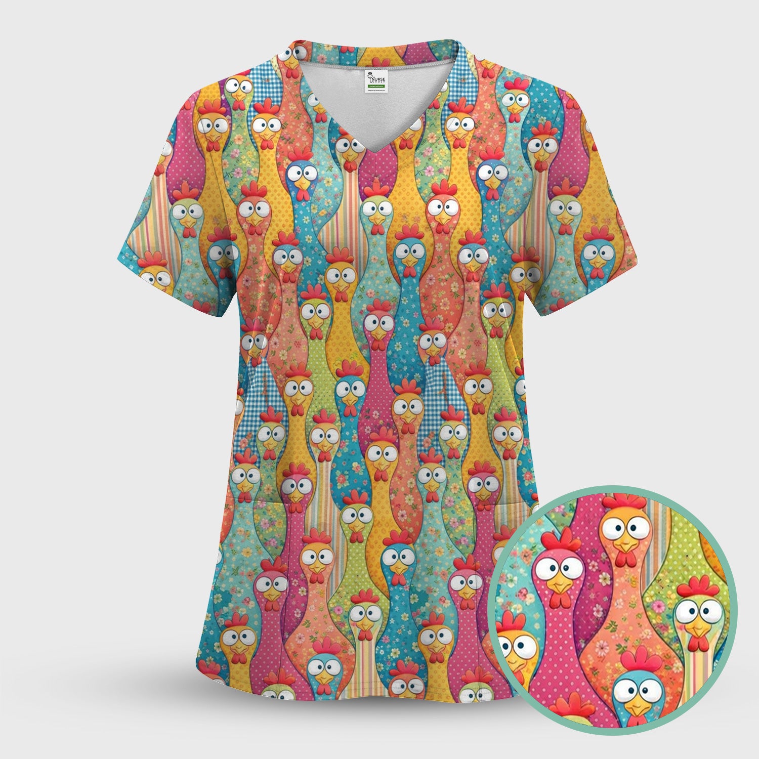 Funny Farm Chicken Cartoon Pattern Scrub Top, Comfortable Scrubs for Nurses