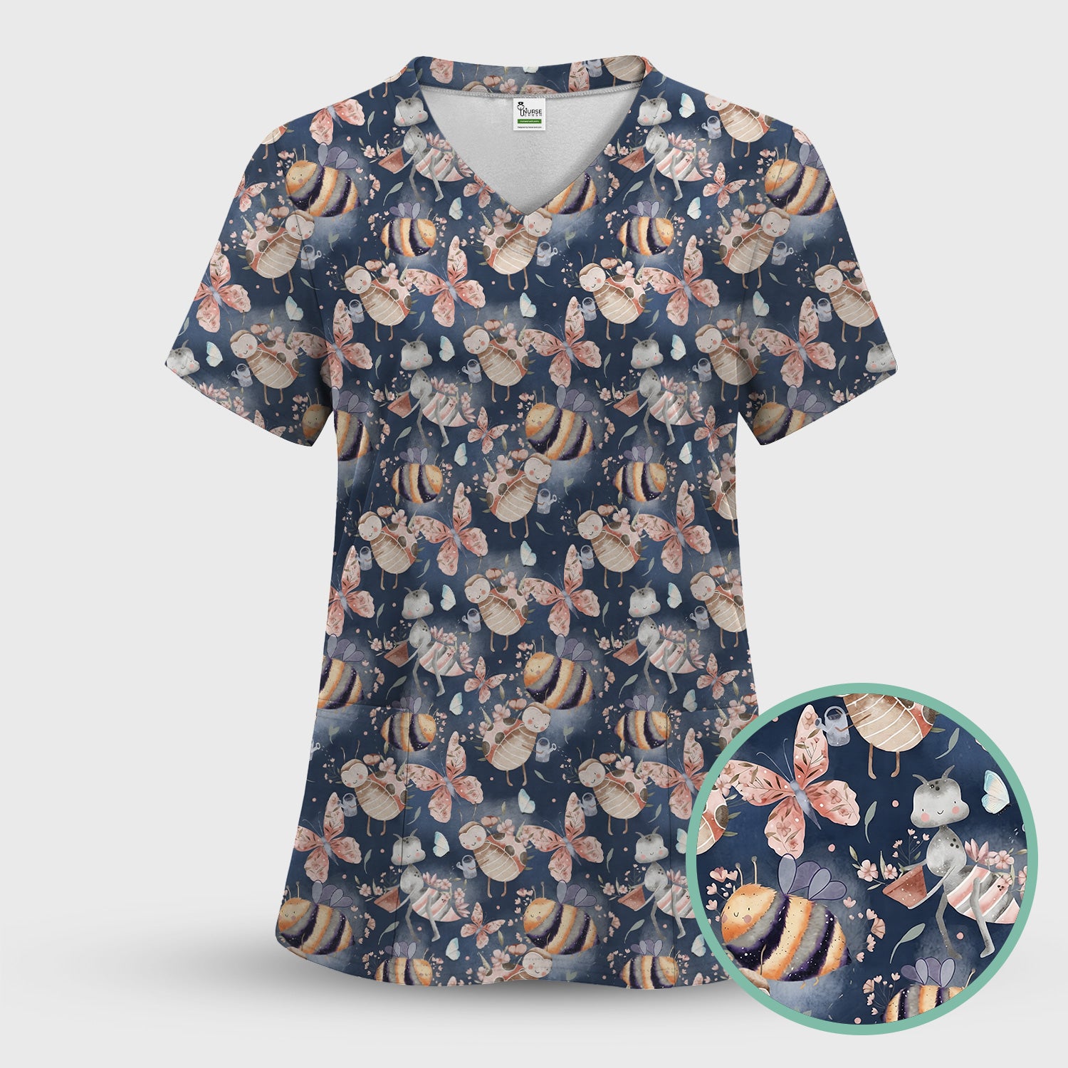 Cute Whimsical Bee Fairy Garden Pattern Scrub Set, Scrub Pants and V Neck Top