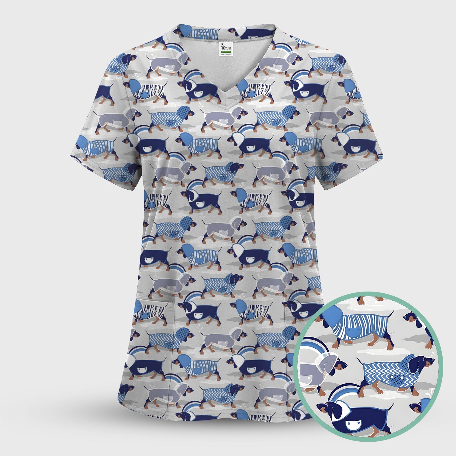 Cute Dachshund Raincoat Parade Pattern Scrub Set, Scrub Pants and V Neck Top