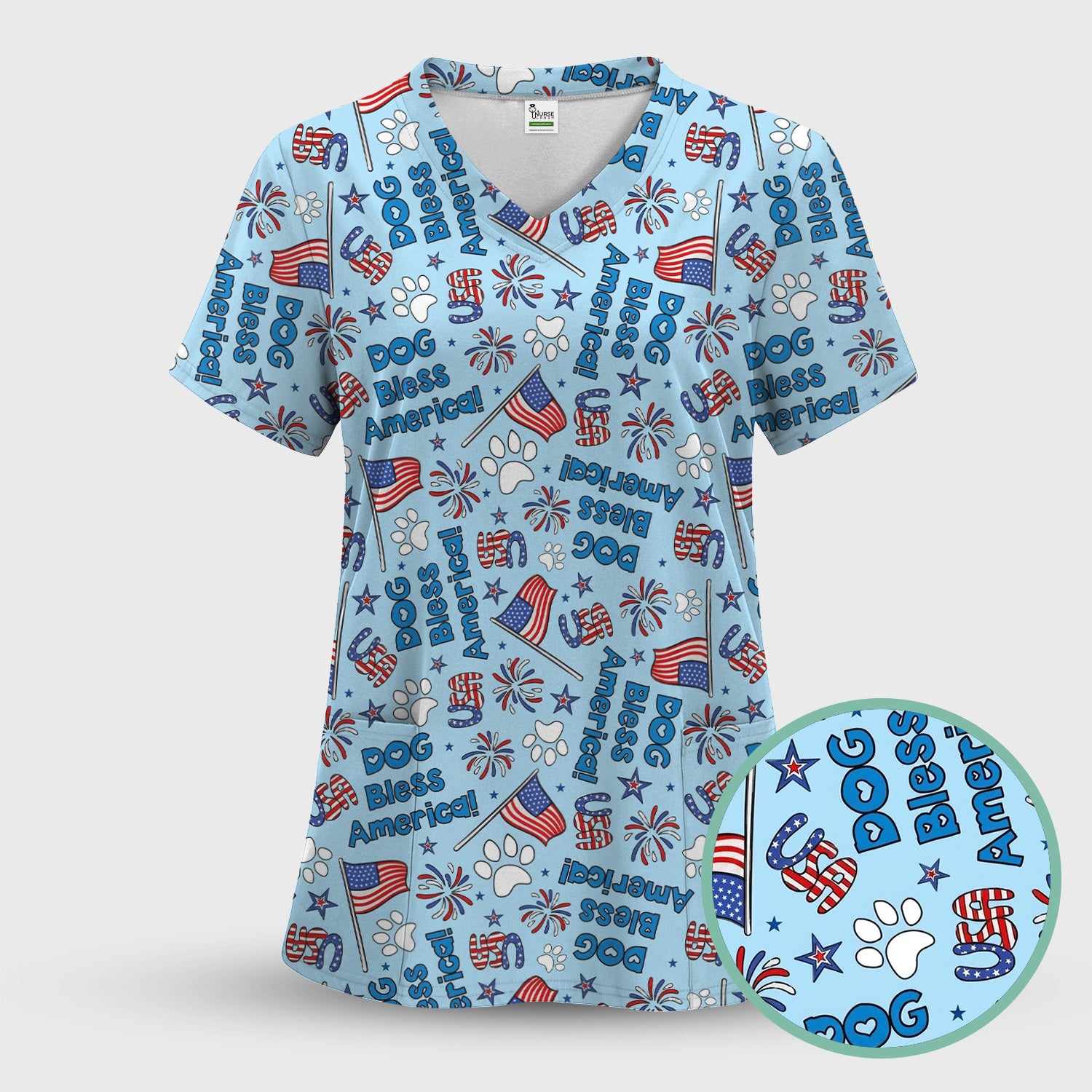 Funny Patriotic Dog Bless America Flag Pattern Scrub Set, Scrub Pants and V Neck Top