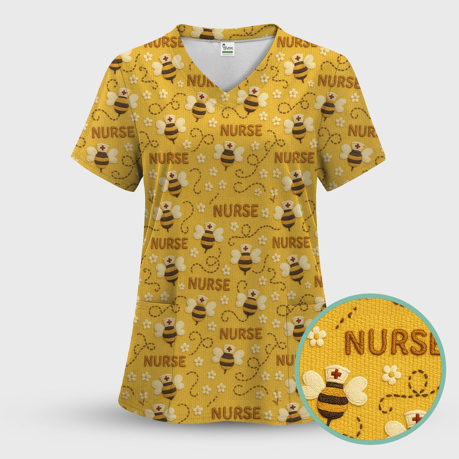 Honey Bee Nurse Scrub Top – Cute Bumblebee Medical Pattern – Cheerful Uniform for Nurses, Vets and Healthcare Workers