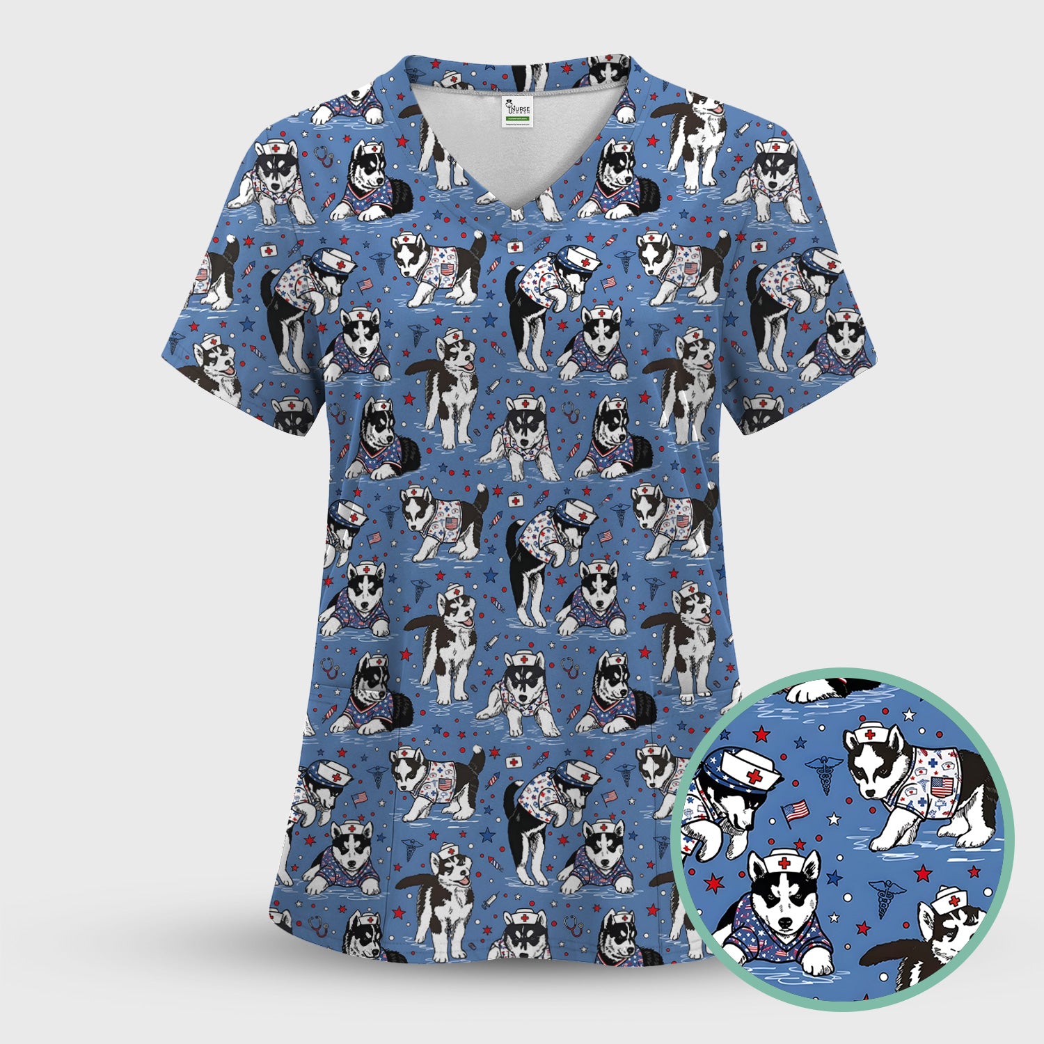 Cute Nurse Husky Dog Medical Pattern Scrub Top, Comfortable Scrubs for Nurses