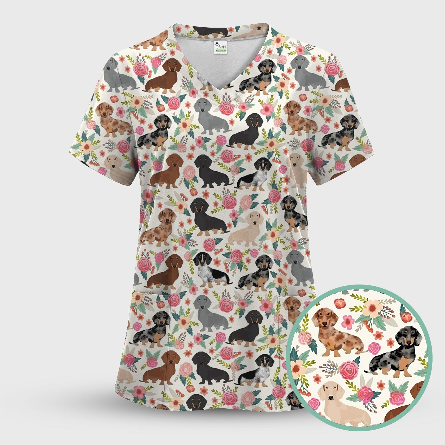 Adorable Dachshund Floral Pattern Scrub Set, Scrub Pants and V Neck Top