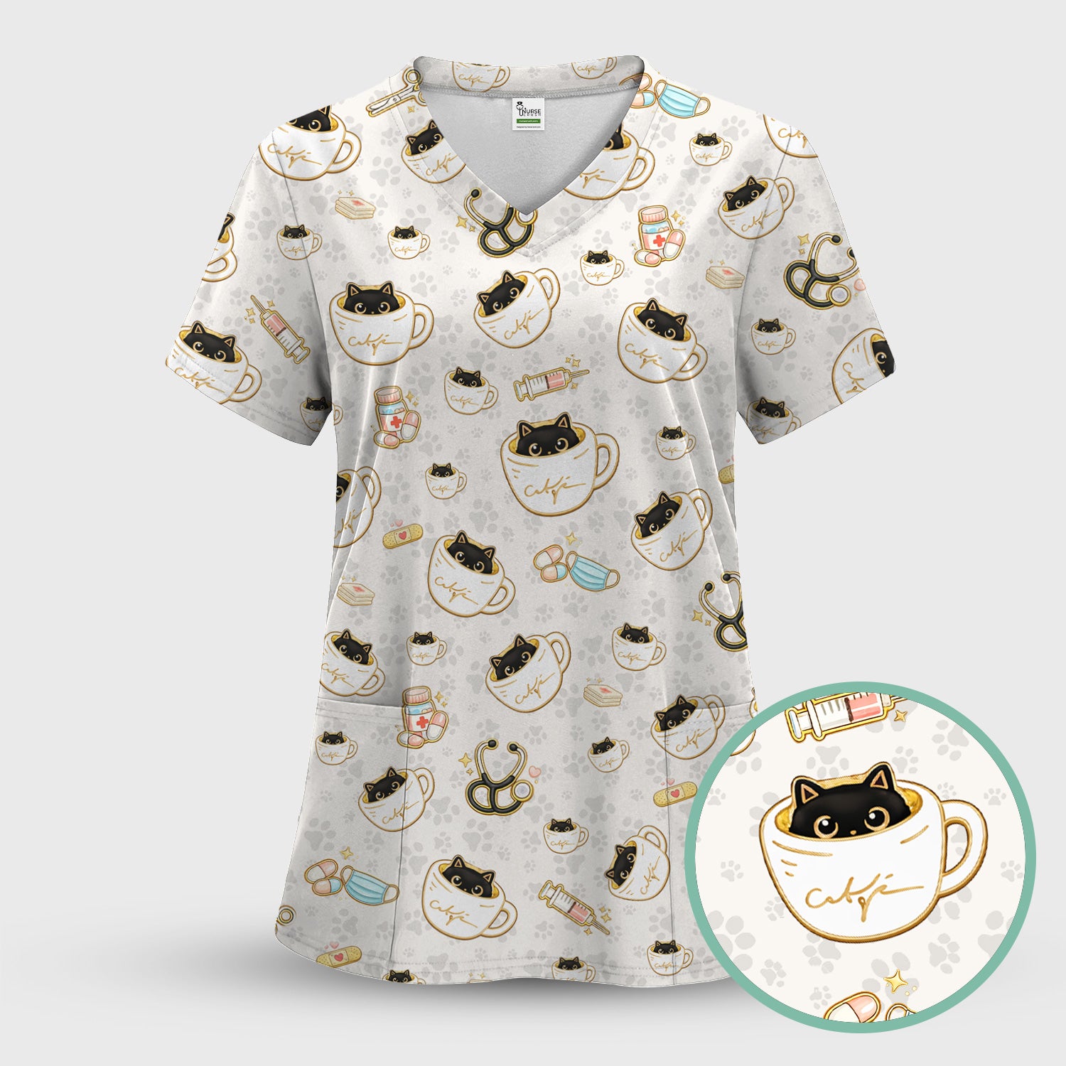 Cute Coffee Cat Medical Print Scrub Top, Breathable Fabrics Nursing Uniform