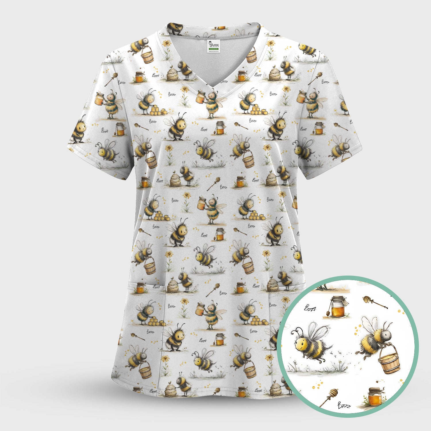 Cute Honey Bee Jar Garden Pattern Scrub Set, Scrub Pants and V Neck Top