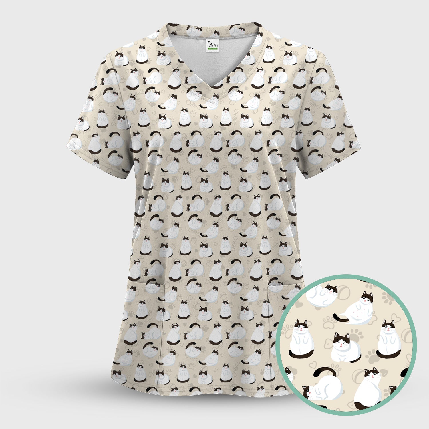 Cute Cat Pattern Medical Scrub Top, Breathable Fabrics Nursing Uniform