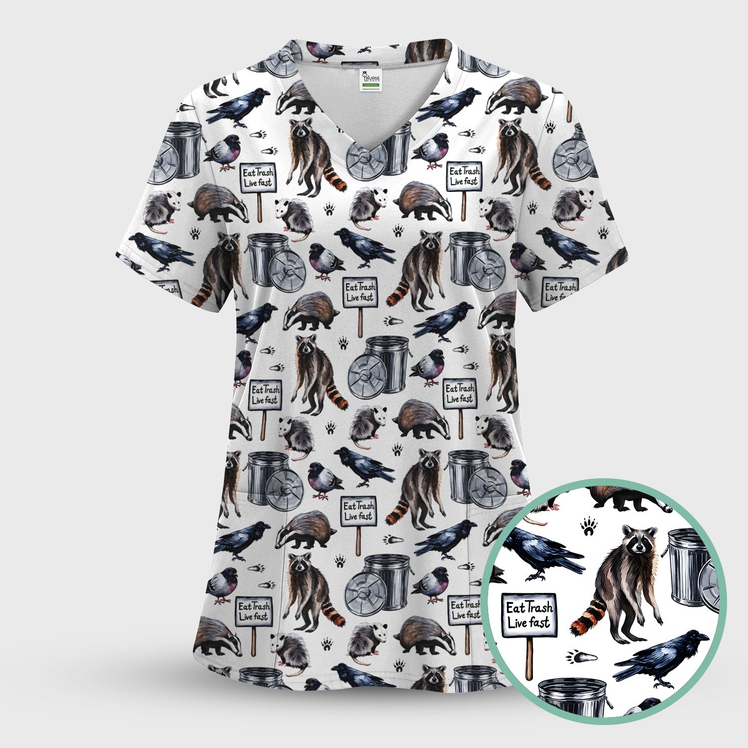 Raccoon And Opossum Eat Trash Live Fast Scrub Top, Breathable Fabrics Nursing Uniform