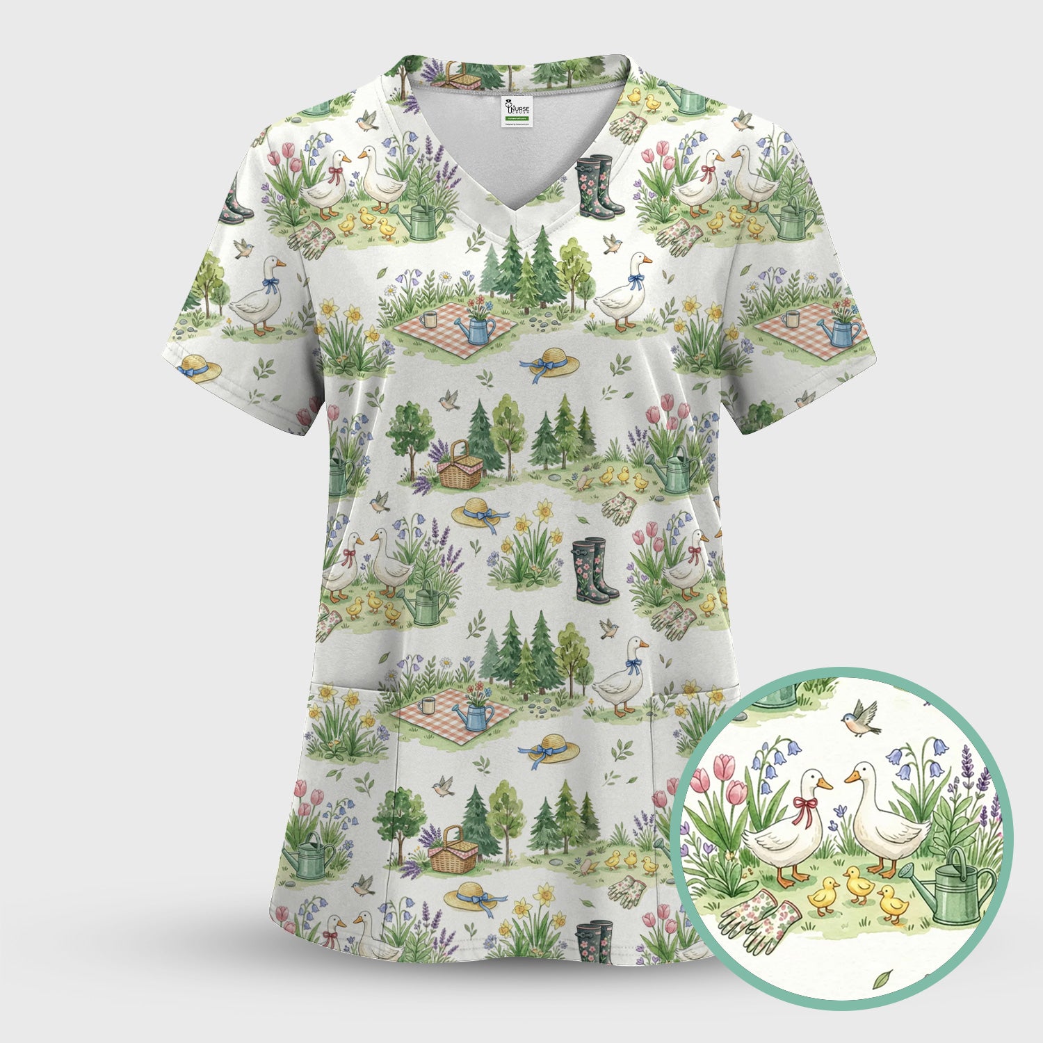 Cute Duck Garden Pattern Scrub Top, Spring Floral Countryside Nursing Uniform
