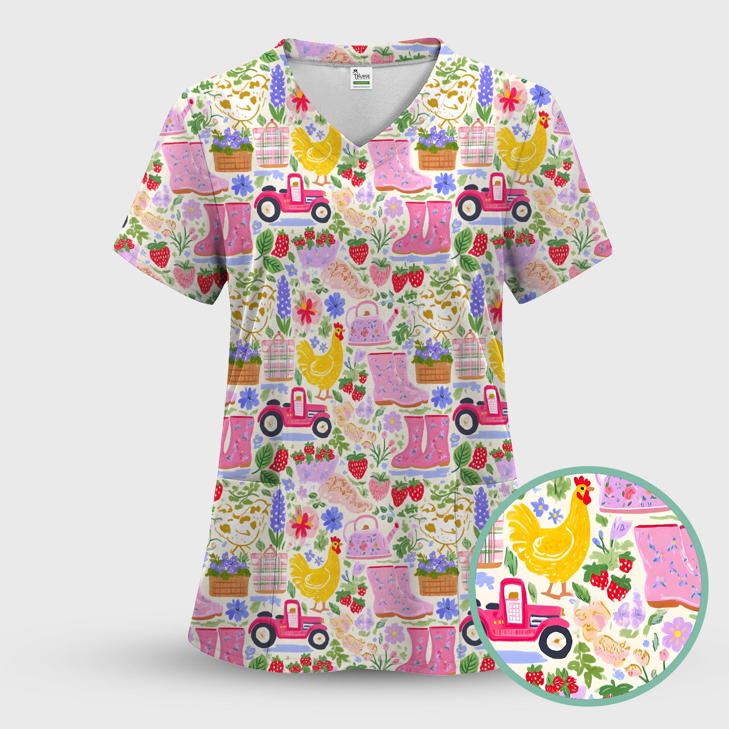 Cute Farm Garden Chicken Pattern Scrub Set, Scrub Pants and V Neck Top
