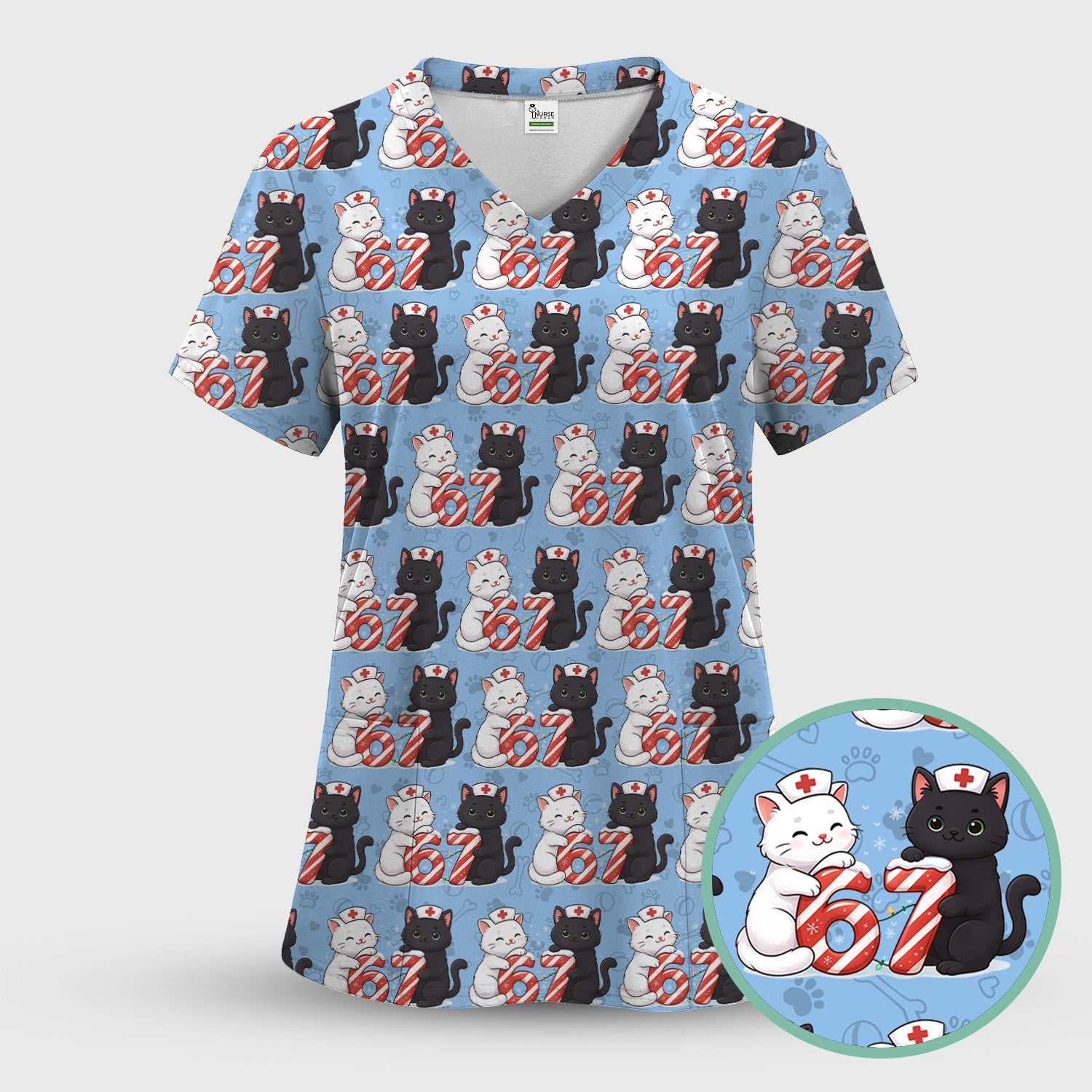 Xmas Cat Pattern Scrub Top, Christmas Nurse Six Seven With Cat Scrub Shirt, Breathable Fabrics Nursing Uniform
