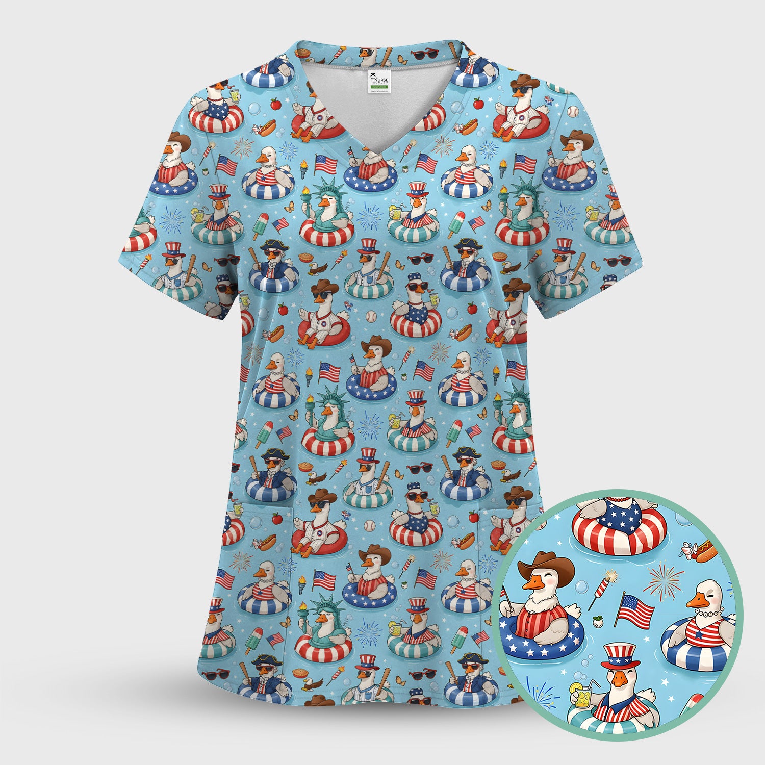 Funny Patriotic Duck Pool Party Pattern Scrub Set, Scrub Pants and V Neck Top