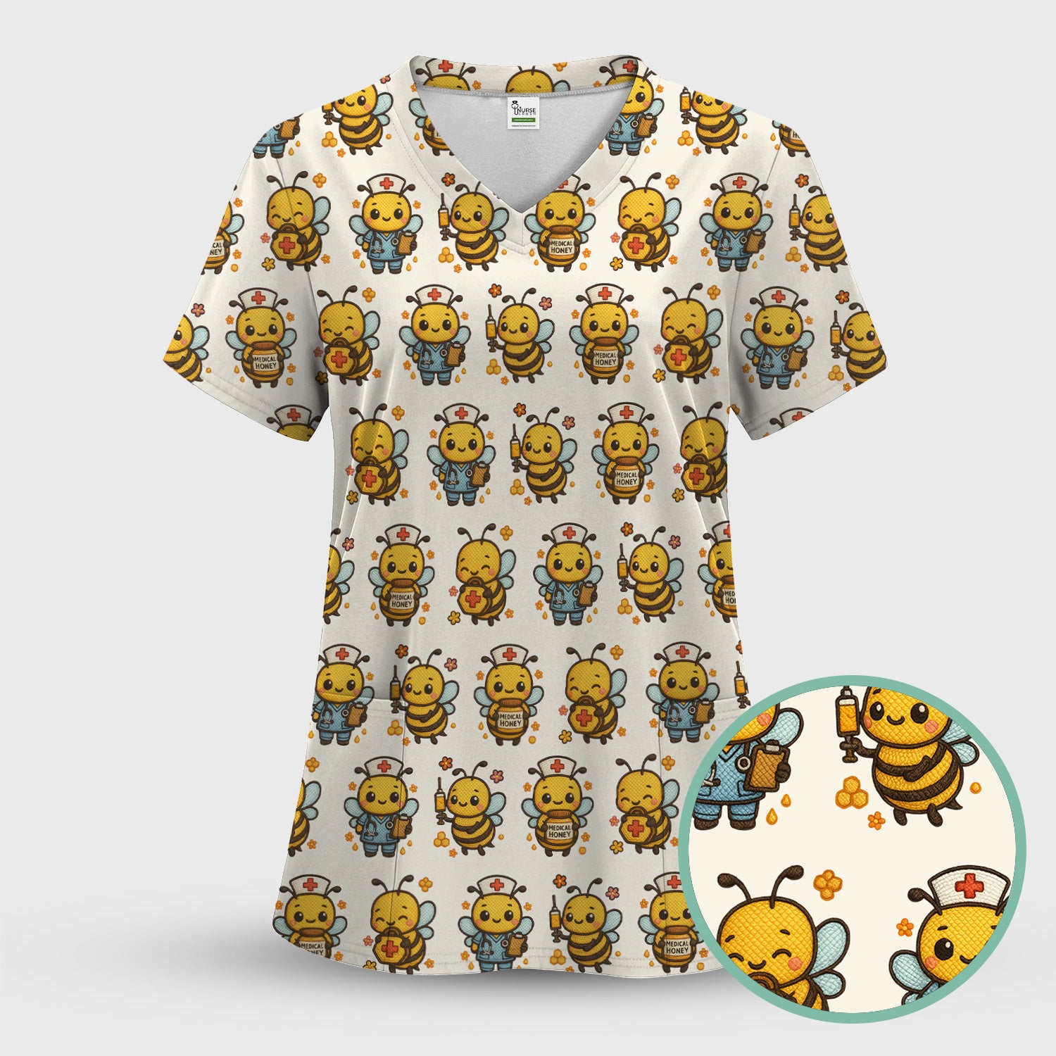 Cute Nurse Bee Scrub Top, Kawaii Medical Honey Bee Pattern Shirt for Nursing Professionals