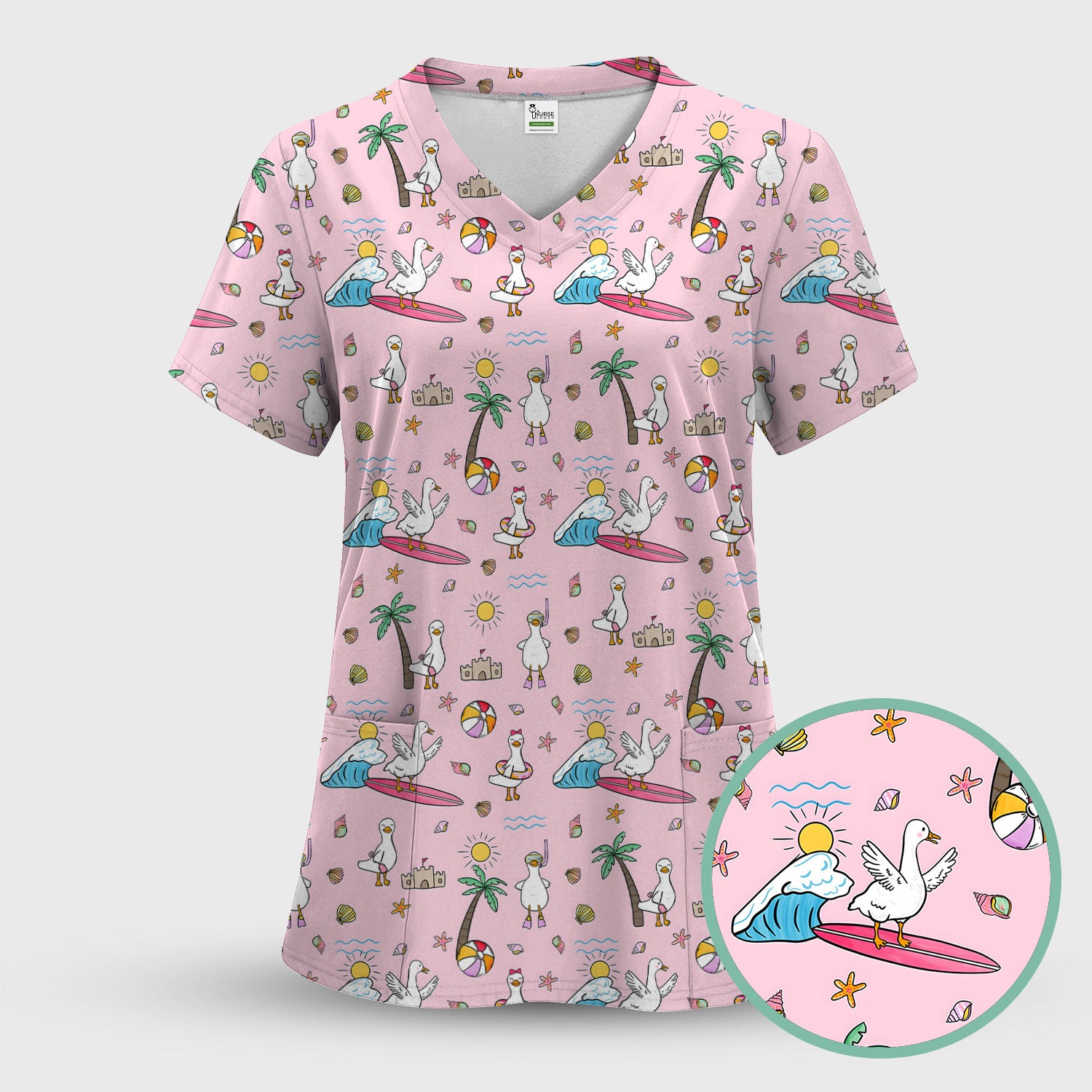 Cute Nurse Seagull Surfboard Beach Palm Tree Pattern Scrub Set, Scrub Pants and V Neck Top