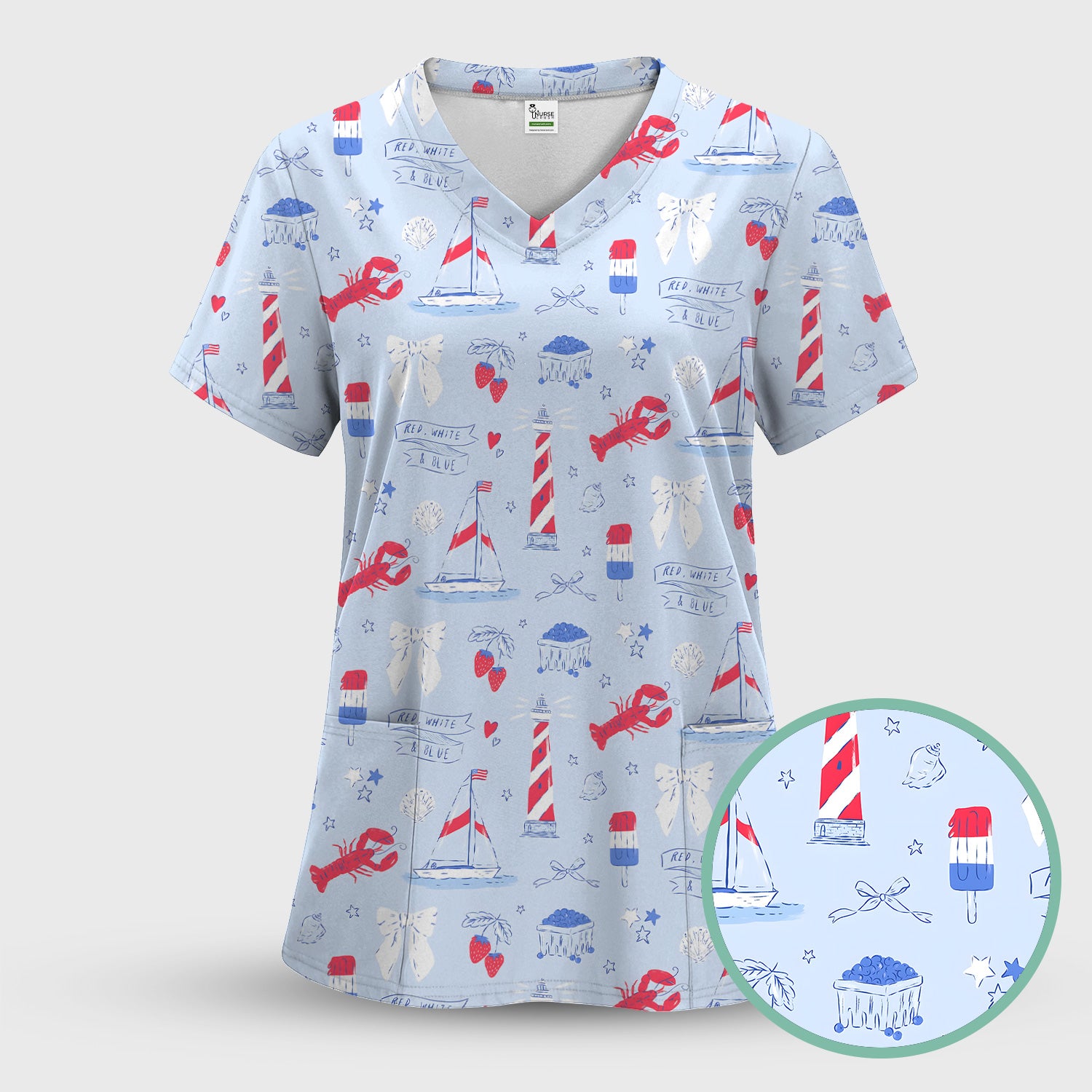 Lobster Lighthouse Sailboat Pattern Scrub Top, Comfortable Scrubs for Nurses