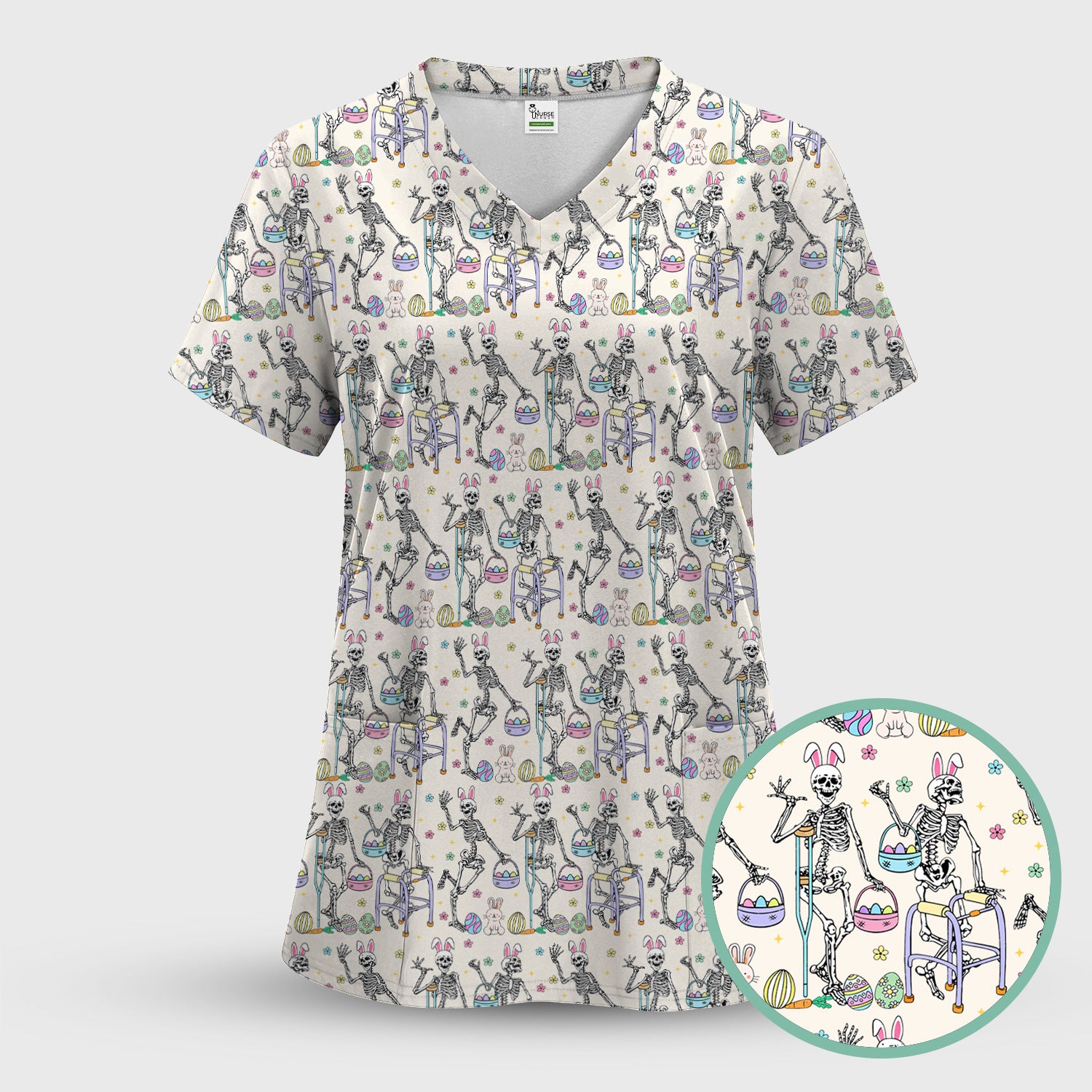 Fun Skeleton Bunny Easter Print Scrub Top, Comfortable Scrubs for Nurses