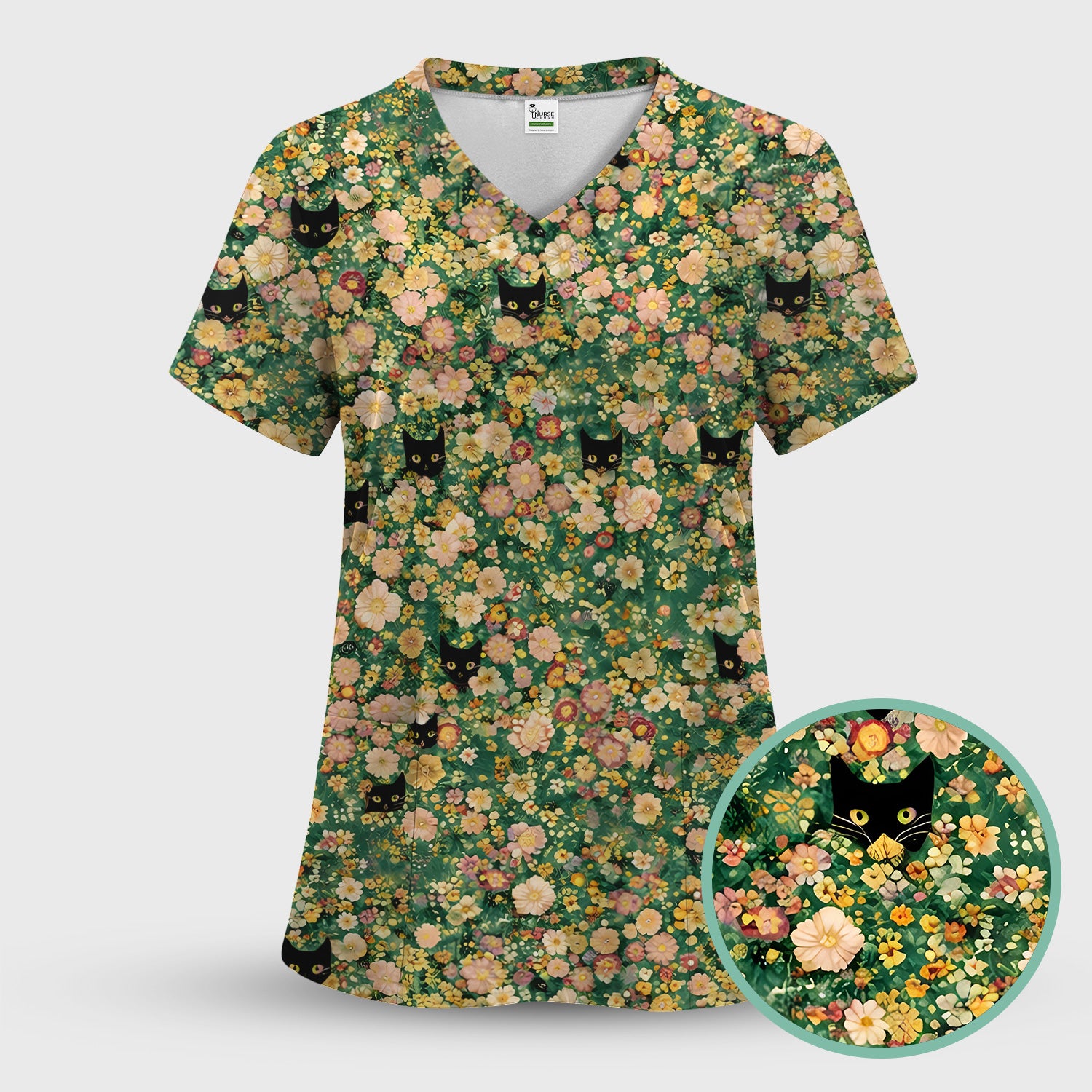 Cute Black Cat In Floral Garden Pattern Scrubs Top, Comfortable Scrubs for Nurses