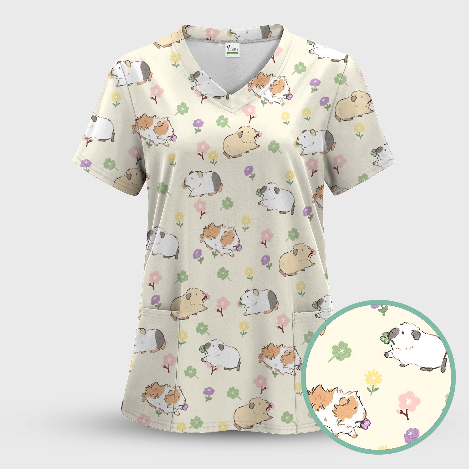 Cozy Guinea Pig Floral Doodle Pattern Scrub Set, Women's Scrub Sets