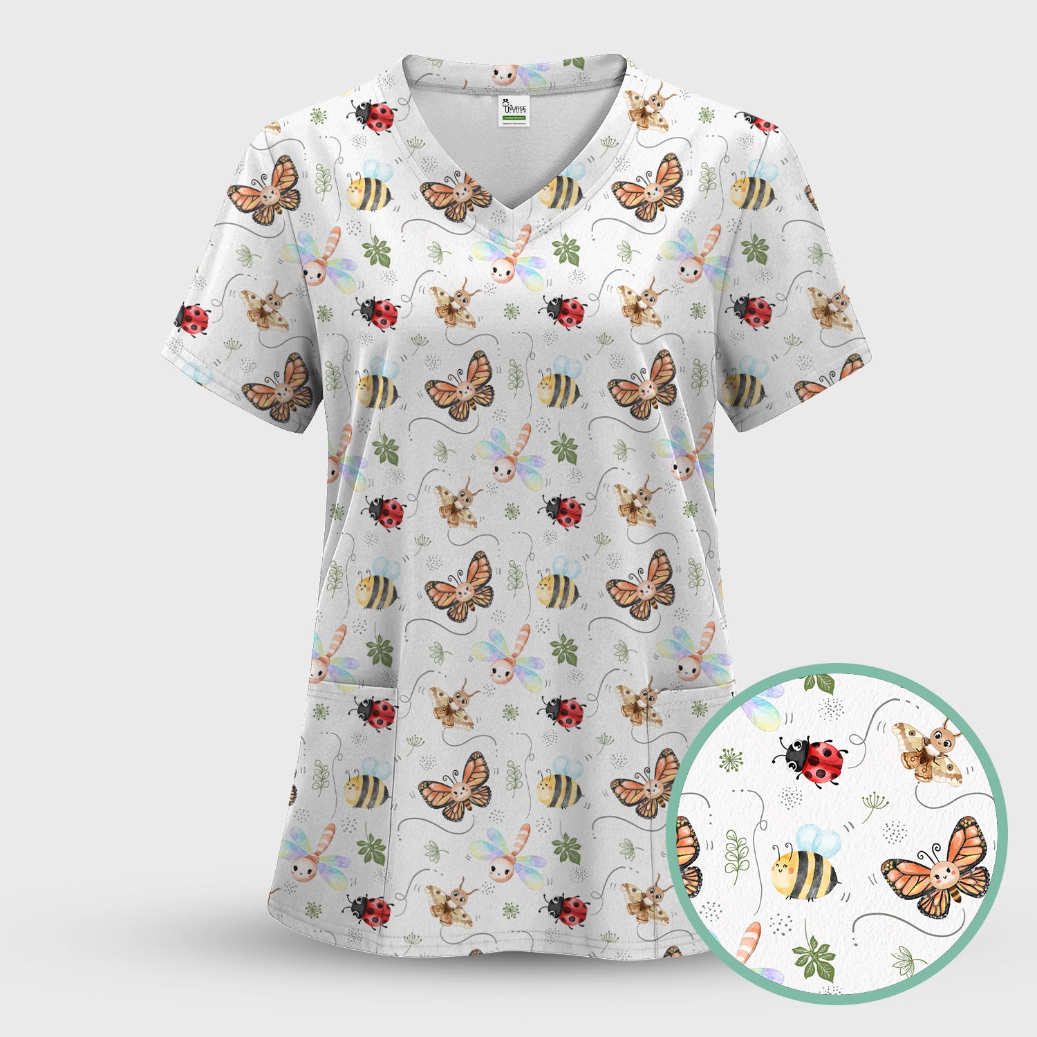 Colorful Garden Insect Pattern Scrub Set, Scrub Pants and V Neck Top
