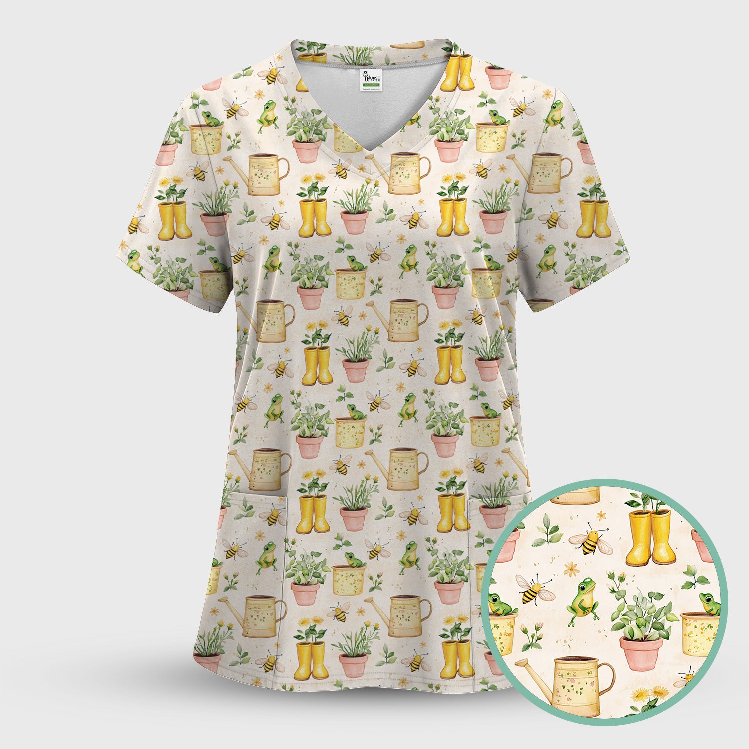 Cute Nurse Frog And Bee Garden Pattern Scrub Set, Scrub Pants and V Neck Top
