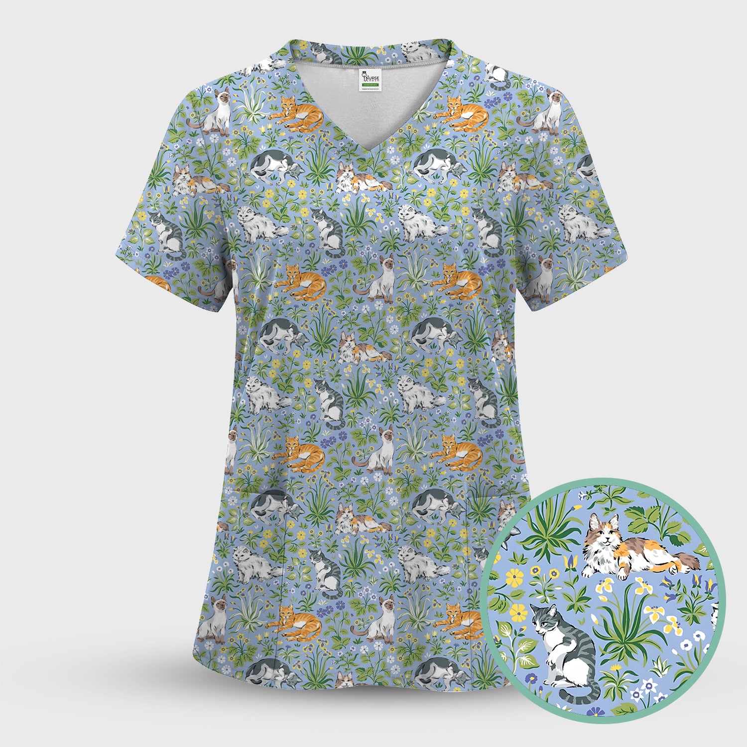 Cute Floral Cat Garden Pattern Scrub Top, Comfortable Scrubs for Nurses