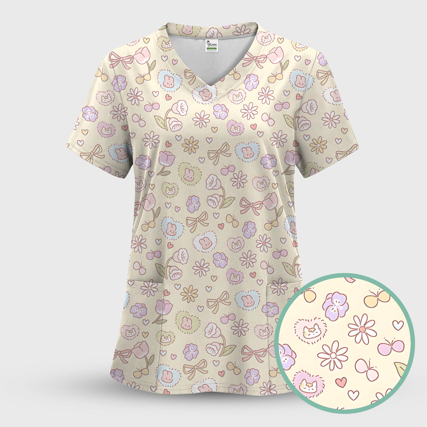 Pastel Bunny Flower Heart Pattern Nurse Scrub Top, Comfortable Scrubs for Nurses