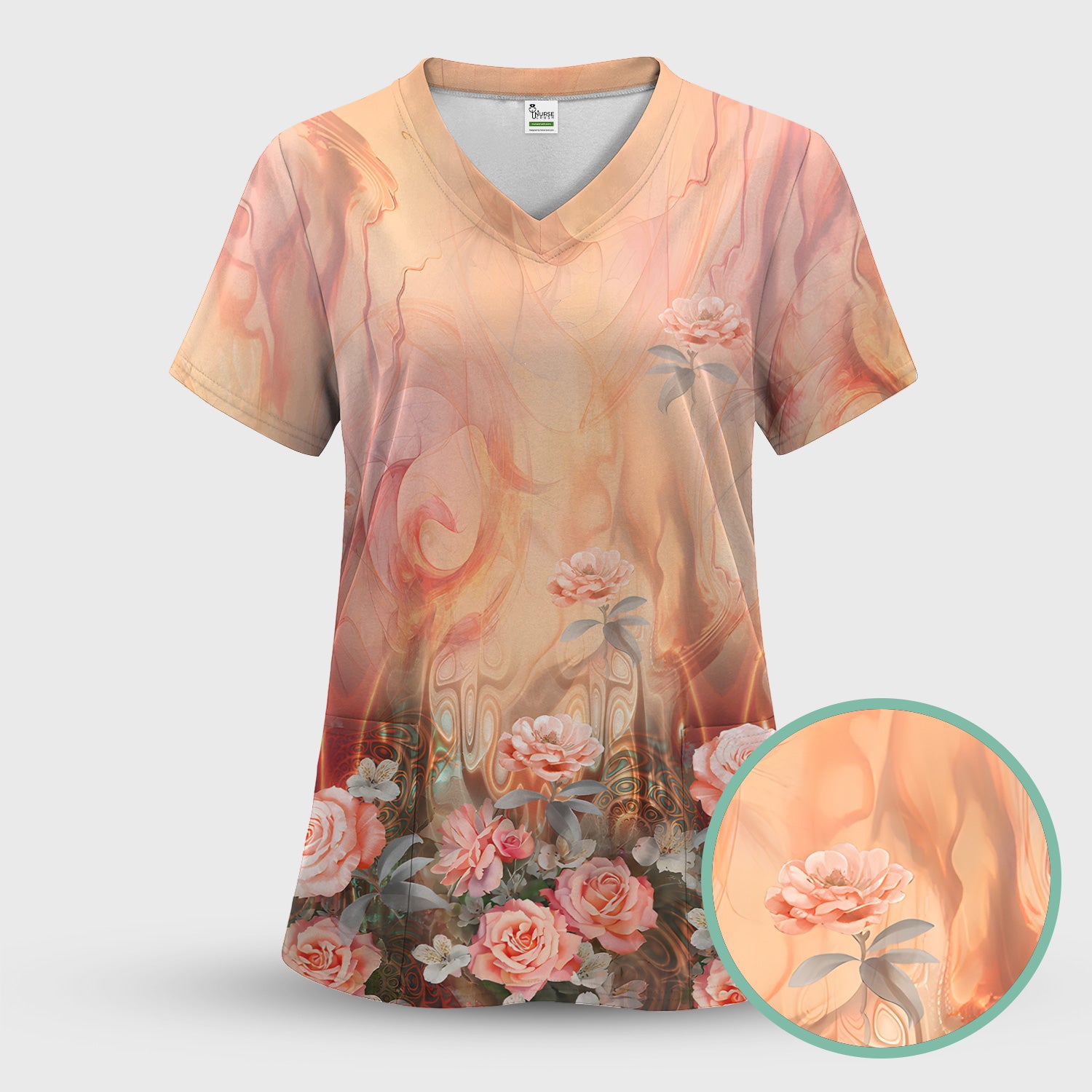 Elegant Peach Marble Rose Pattern Scrub Top, Comfortable Scrubs for Nurses