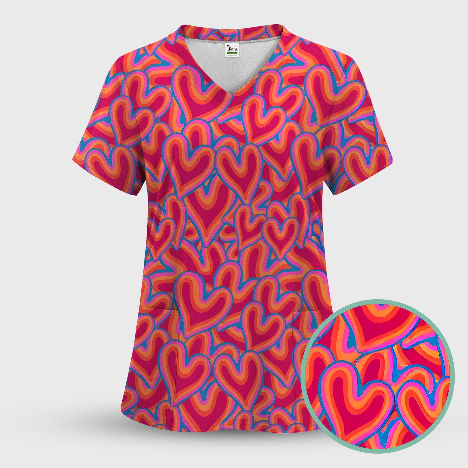 Cute Valentine Nurse Heart Pattern Scrub Top, Comfortable Scrubs For Nurses