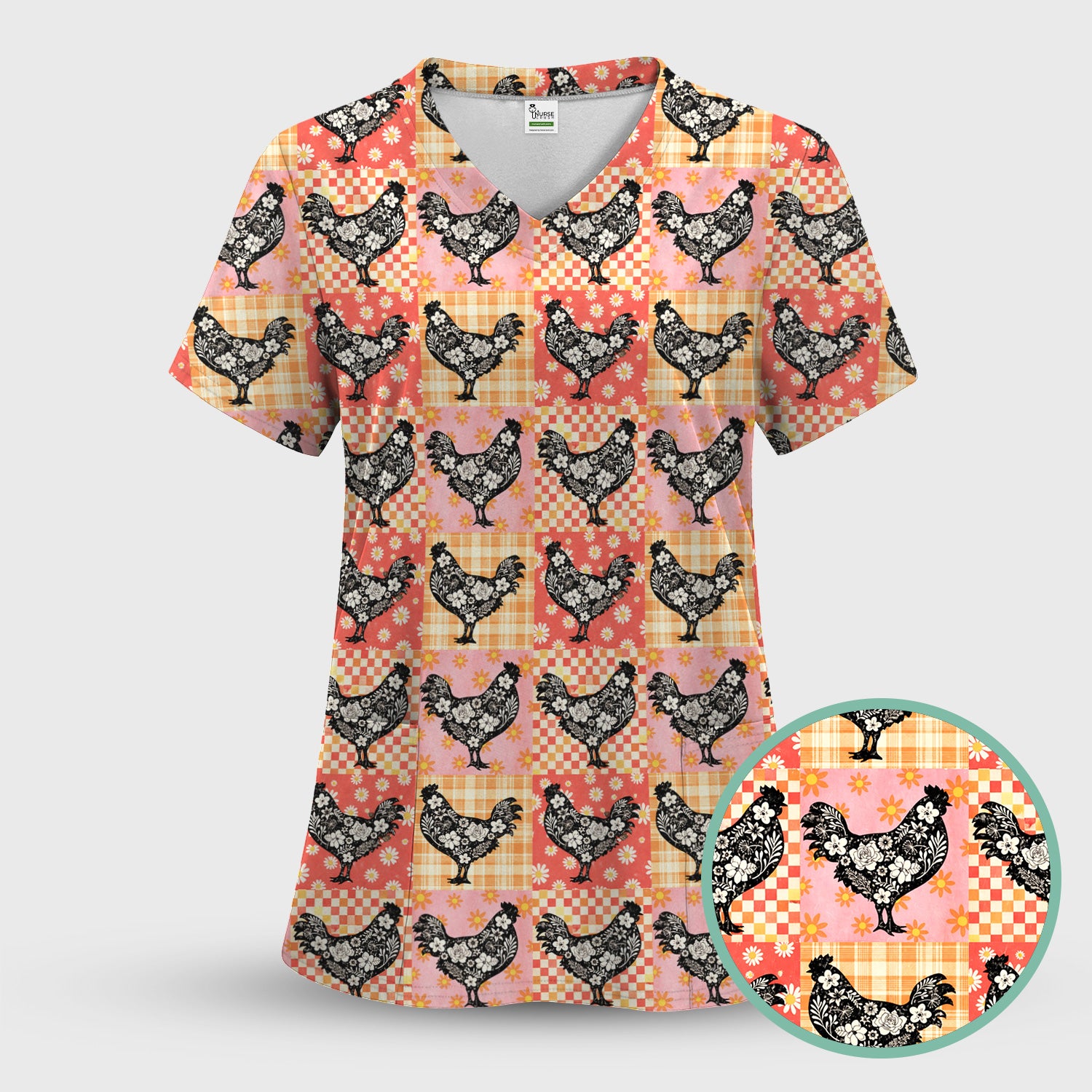 Cute Floral Chicken Patchwork Print Scrub Top, Comfortable Scrubs For Nurses
