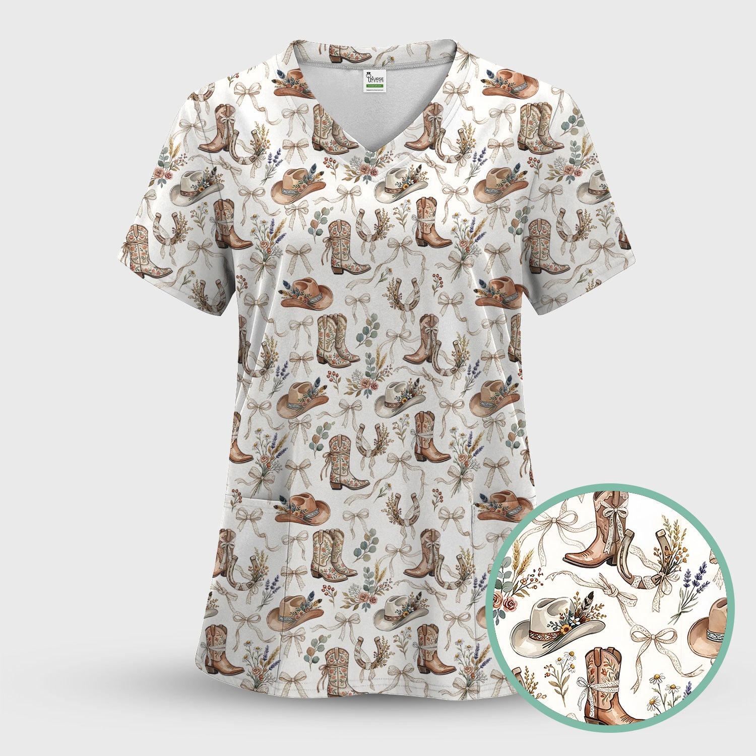 Western Cowboy Boots Hat Floral Pattern Scrub Top, Comfortable Scrubs for Nurses