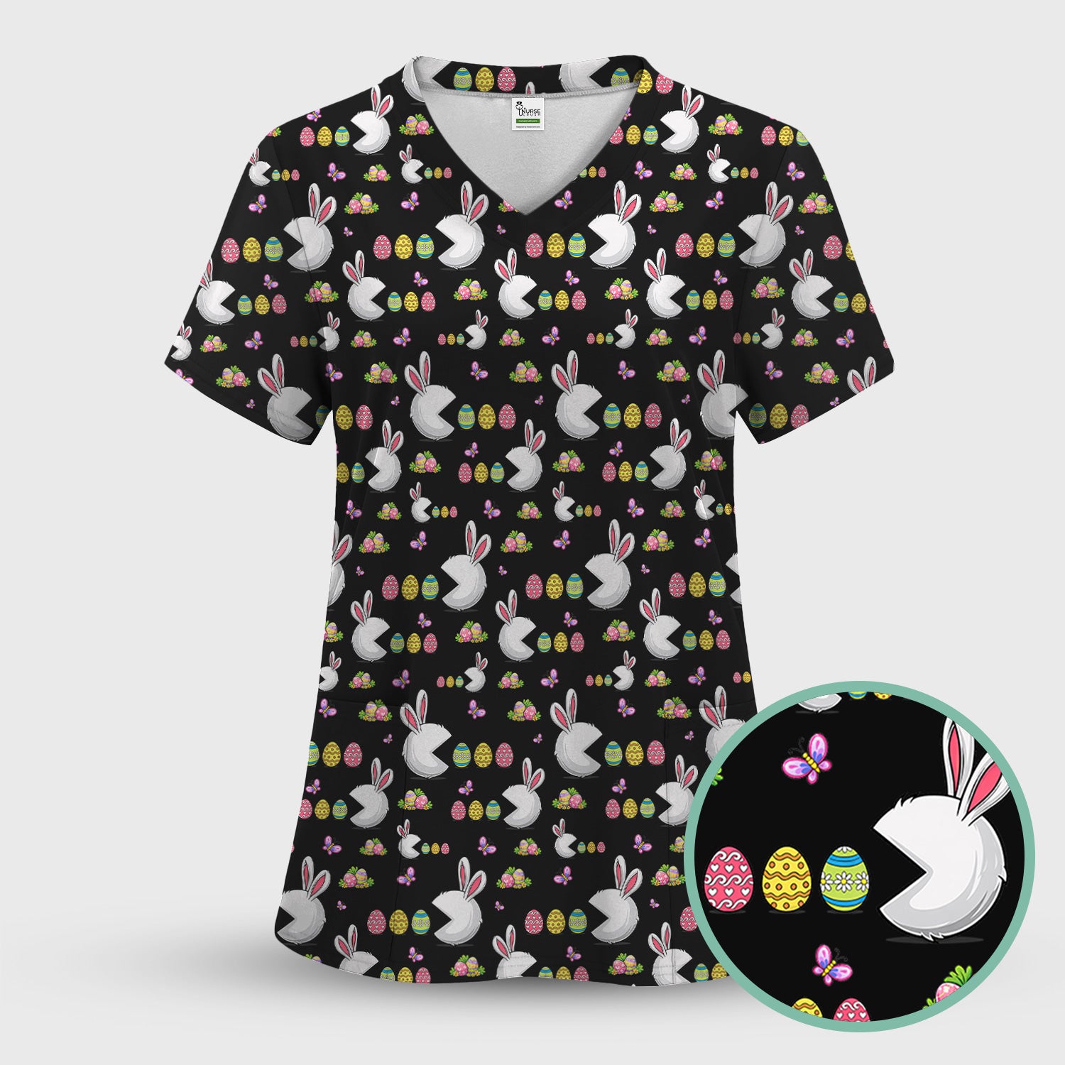 Easter Bunny and Colorful Eggs Print Scrub Top, Breathable Fabrics Nursing Uniform