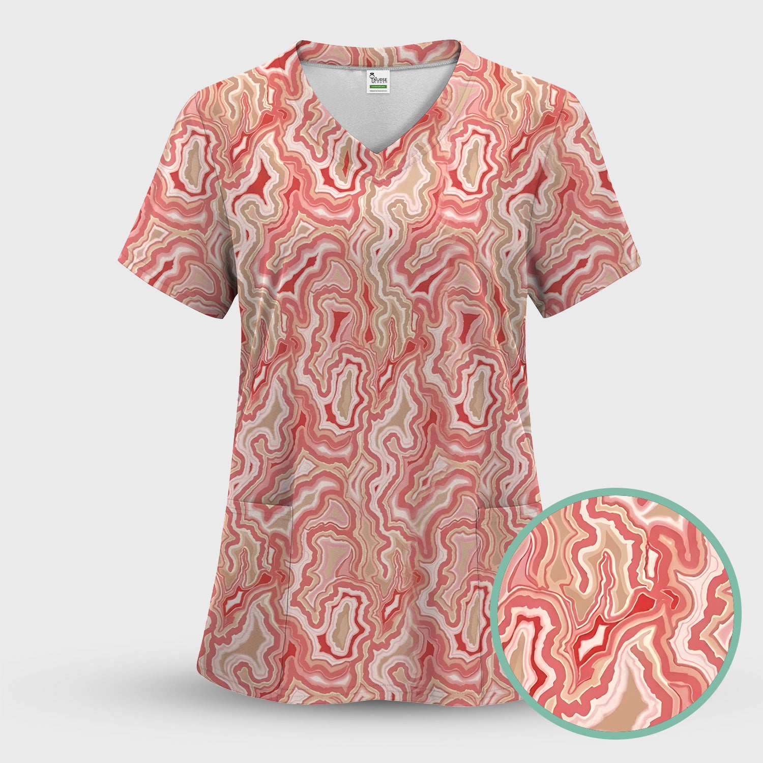 Pink Marble Swirl Abstract Pattern Scrub Set, Scrub Pants and V Neck Top