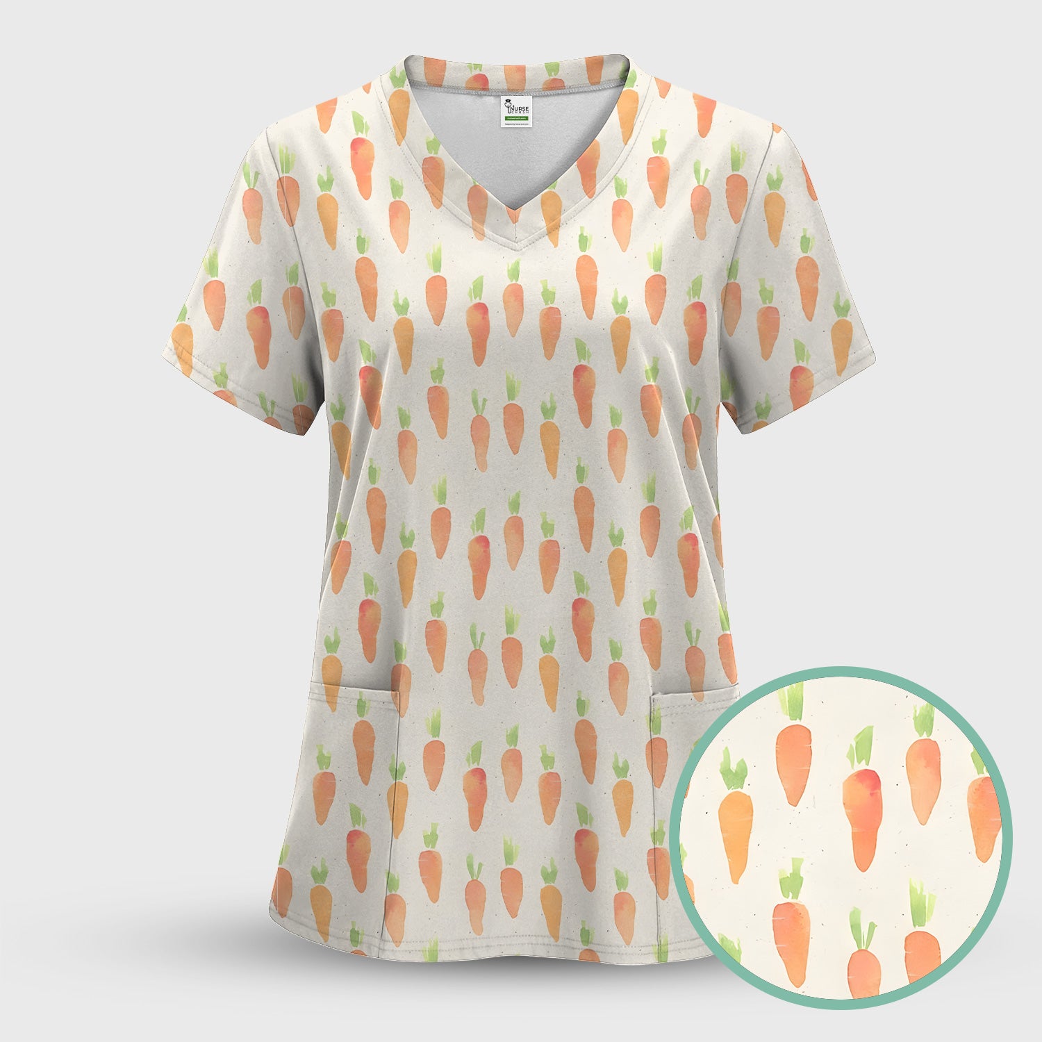 Simple Carrot Cute Pattern Scrub Sets, Scrub Pants and V Neck Top