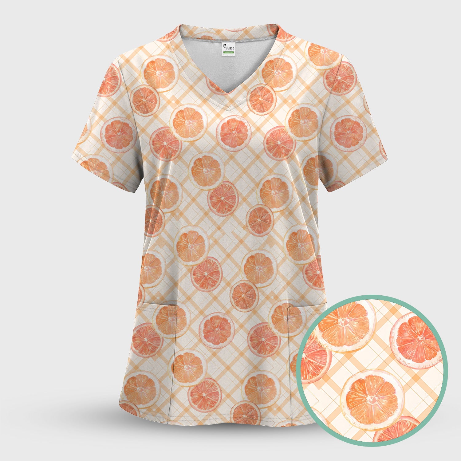 Fresh Grapefruit Slice Summer Fruit Pattern Scrub Sets, Scrub Pants and V Neck Top