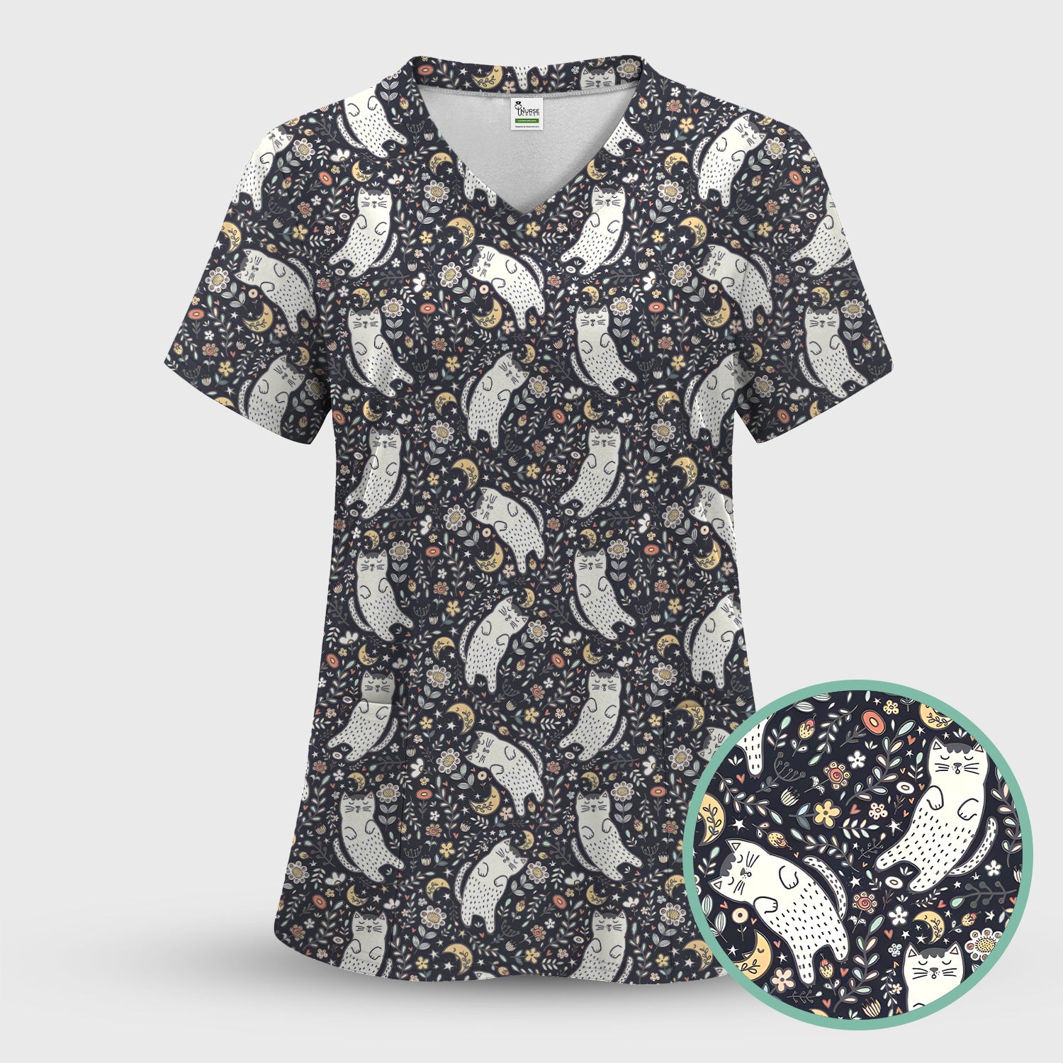 Moonlit Floral Cat Seamless Pattern Scrub Set, Scrub Pants and V Neck Top