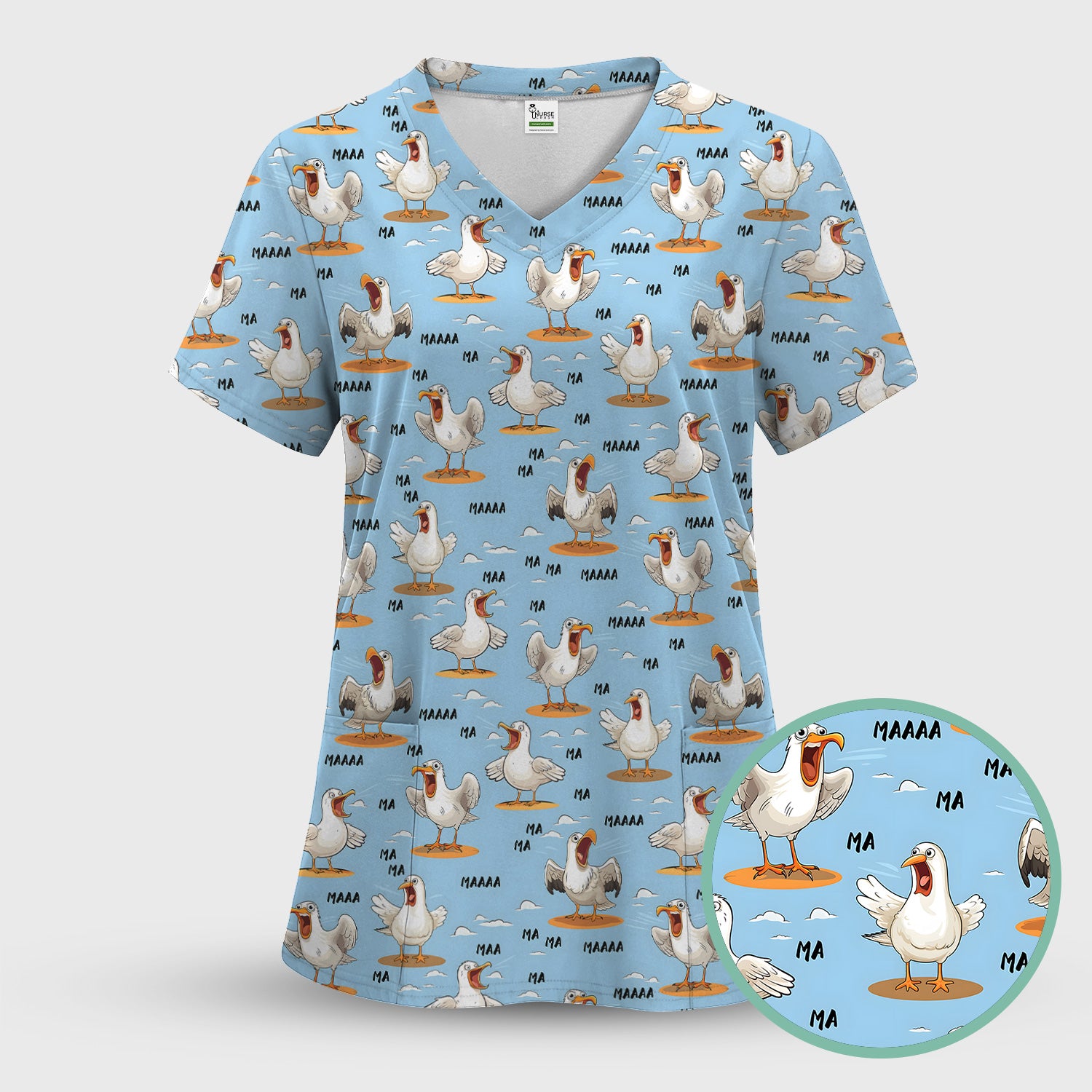 Funny Screaming Seagull Sky Pattern Scrub Set, Scrub Pants and V Neck Top