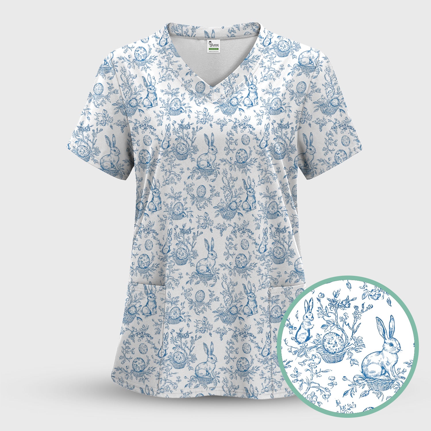 Easter Bunny Floral Egg Toile Pattern Design Print Set, Women's Scrub Sets