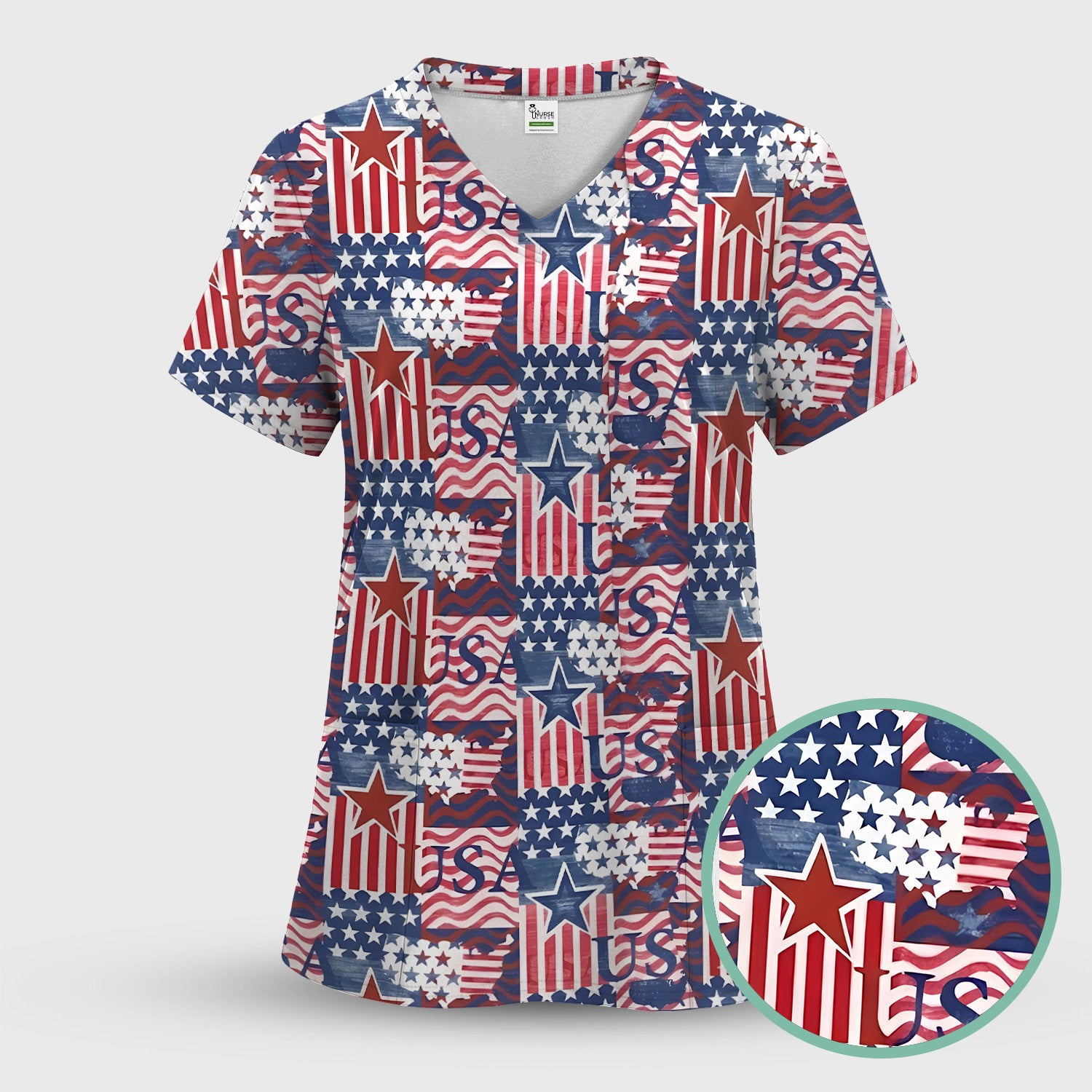 Patriotic USA Star Patchwork Pattern Scrub Set, Scrub Pants and V Neck Top