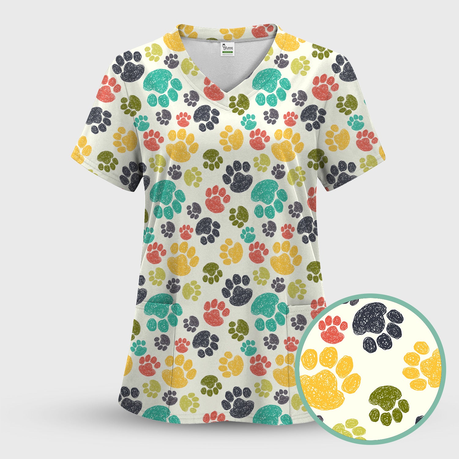Colorful Paw Print Animal Pattern Scrub Top, Comfortable Scrubs for Nurses
