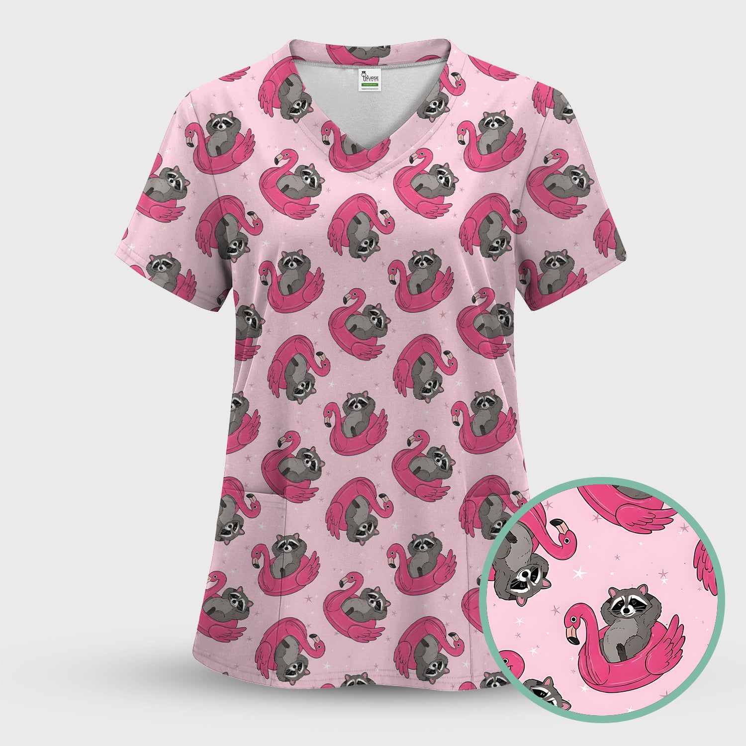Cute Raccoon Flamingo Float Pattern Scrub Set, Scrub Pants and V Neck Top