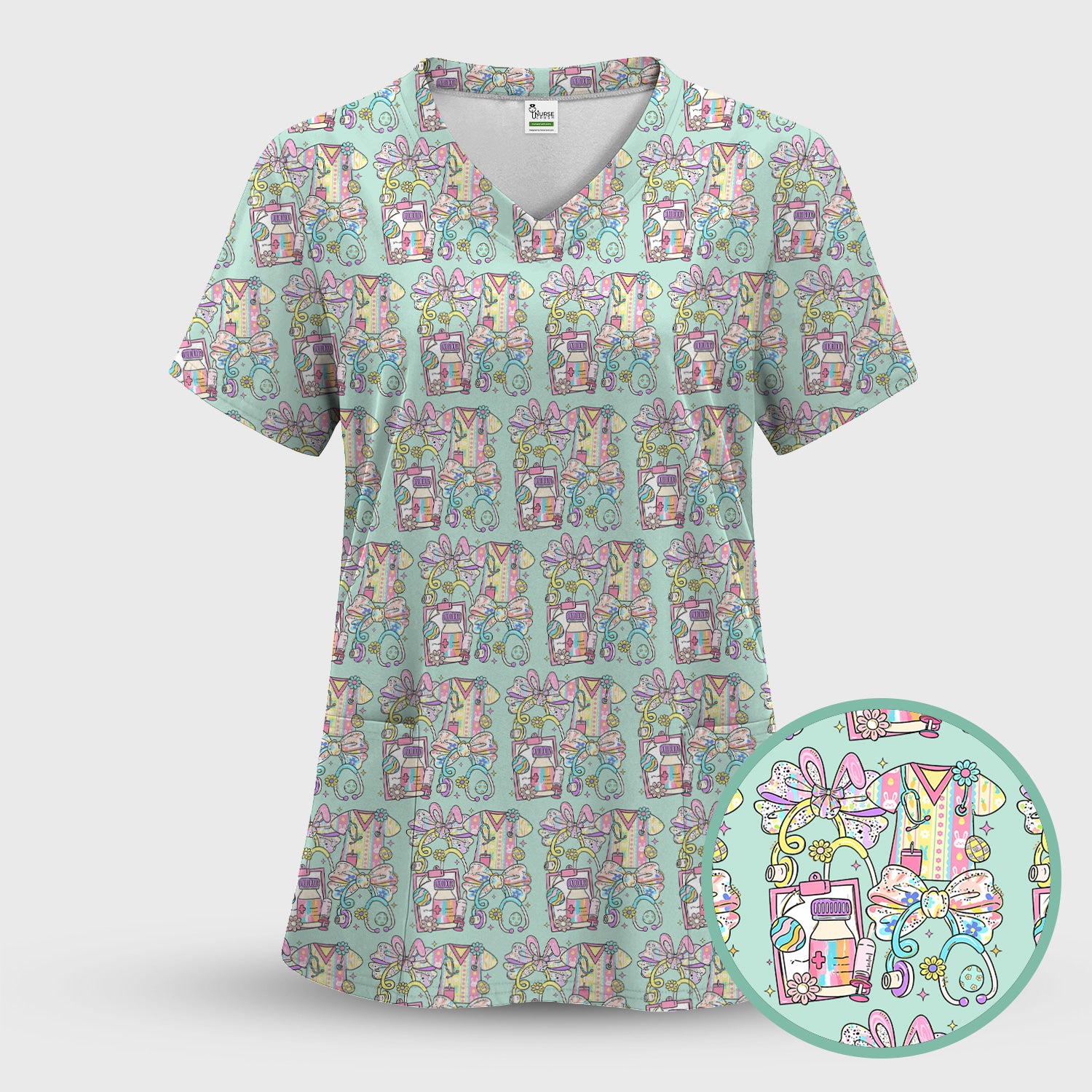 Colorful Nurse Scrub Supplies Pattern Scrub Top, Breathable Fabrics Nursing Uniform