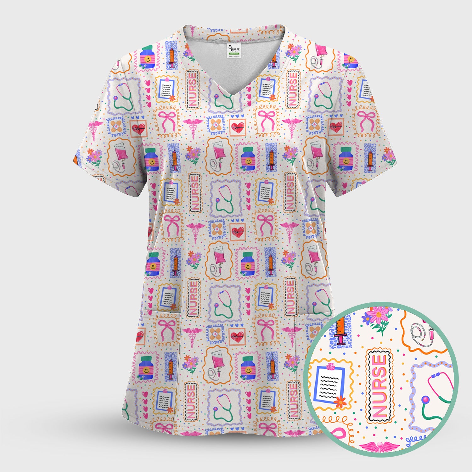 Colorful Nurse Medical Icon Pattern Scrub Top, Comfortable Scrubs for Nurses