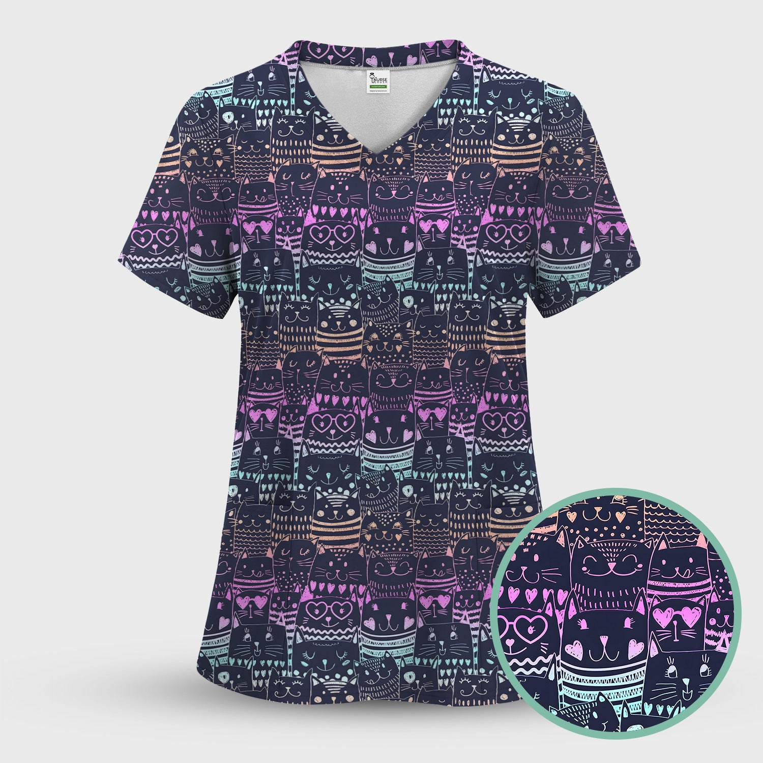 Cute Neon Cat Faces Pattern Scrub Top, Comfortable Scrubs for Nurses