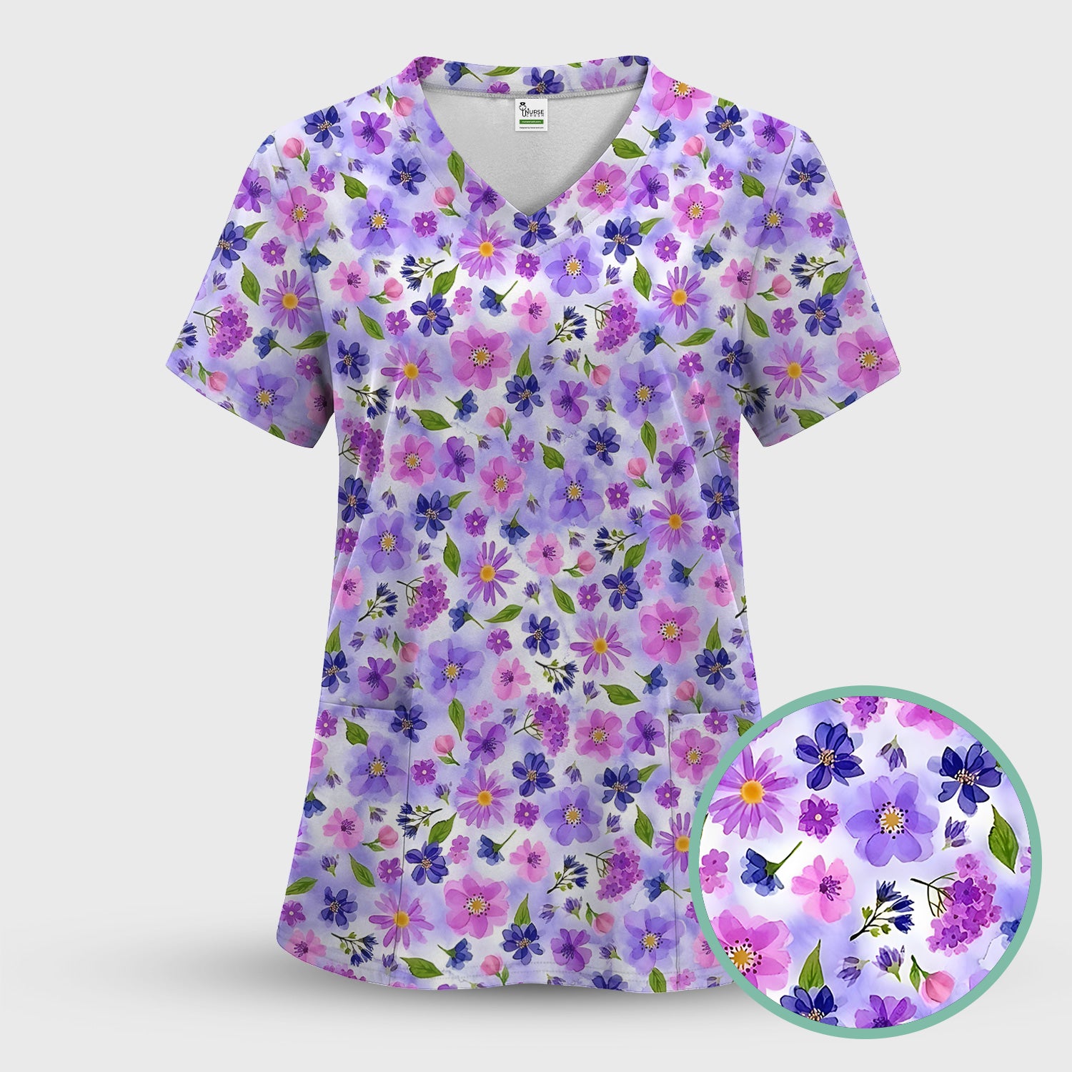 Purple Watercolor Wildflower Bloom Pattern Scrub Top, Comfortable Scrubs for Nurses