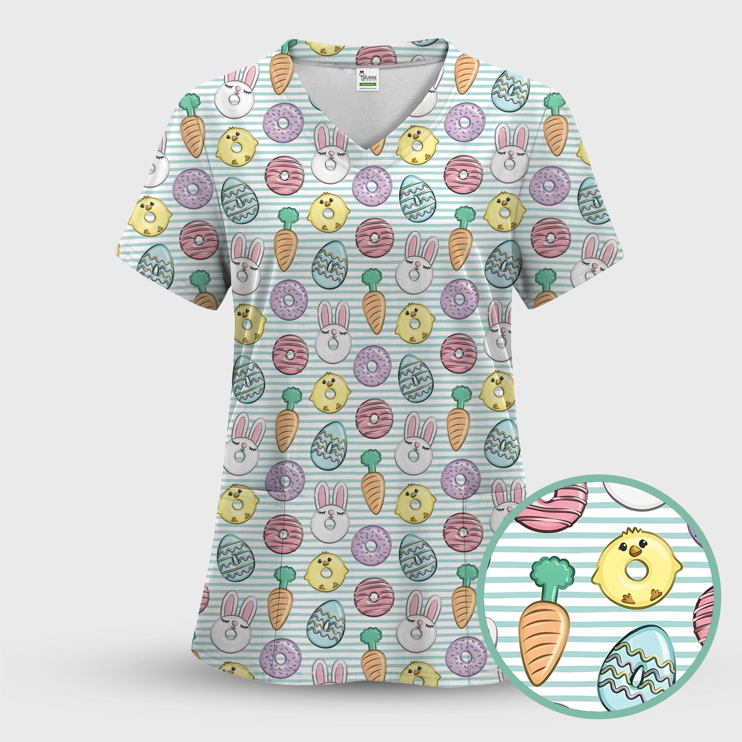 Funny Easter Chick Bunny Pattern Scrub Top, Breathable Fabrics Nursing Uniform