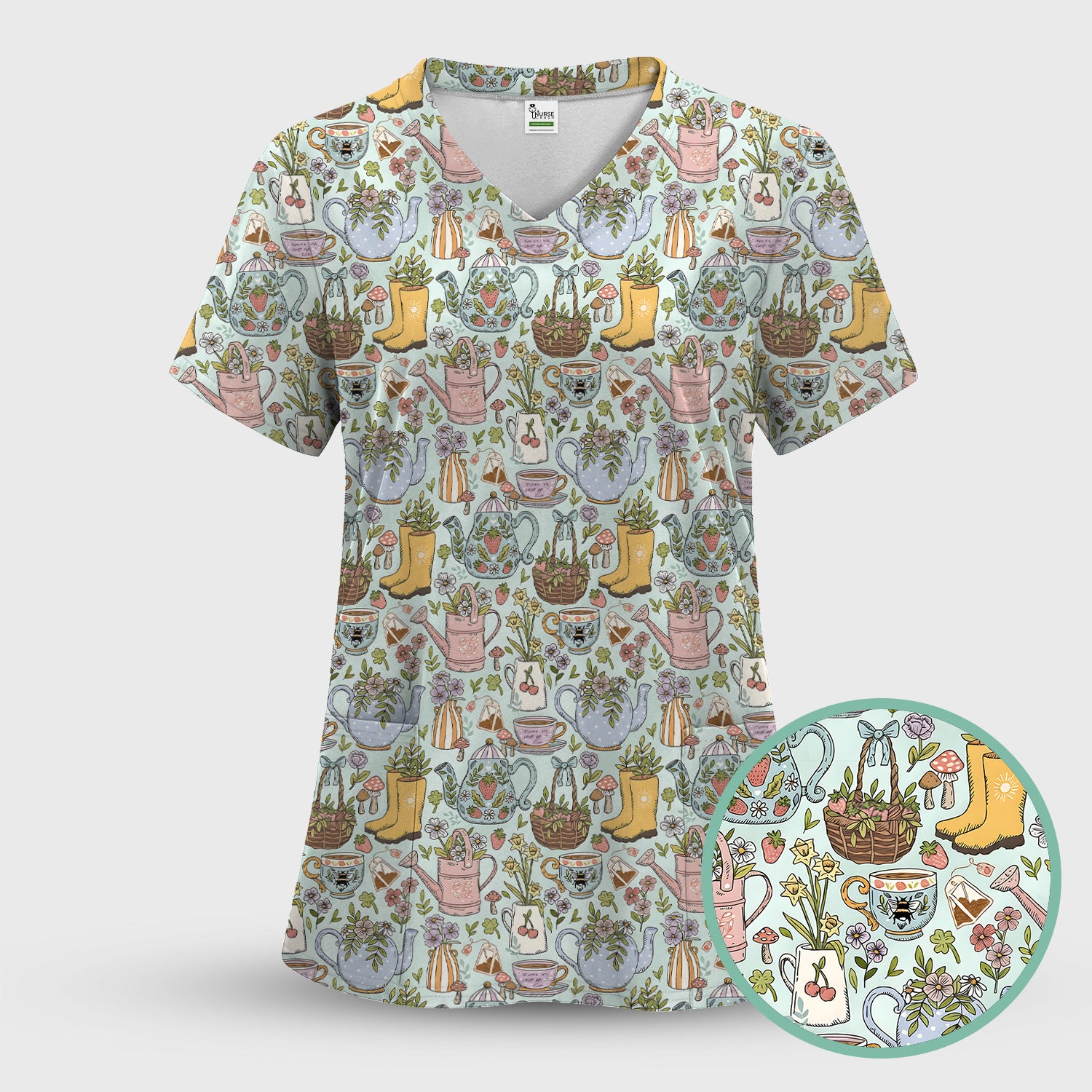 Garden Tea Party Floral Print Scrub Top, Comfortable Scrubs for Nurses