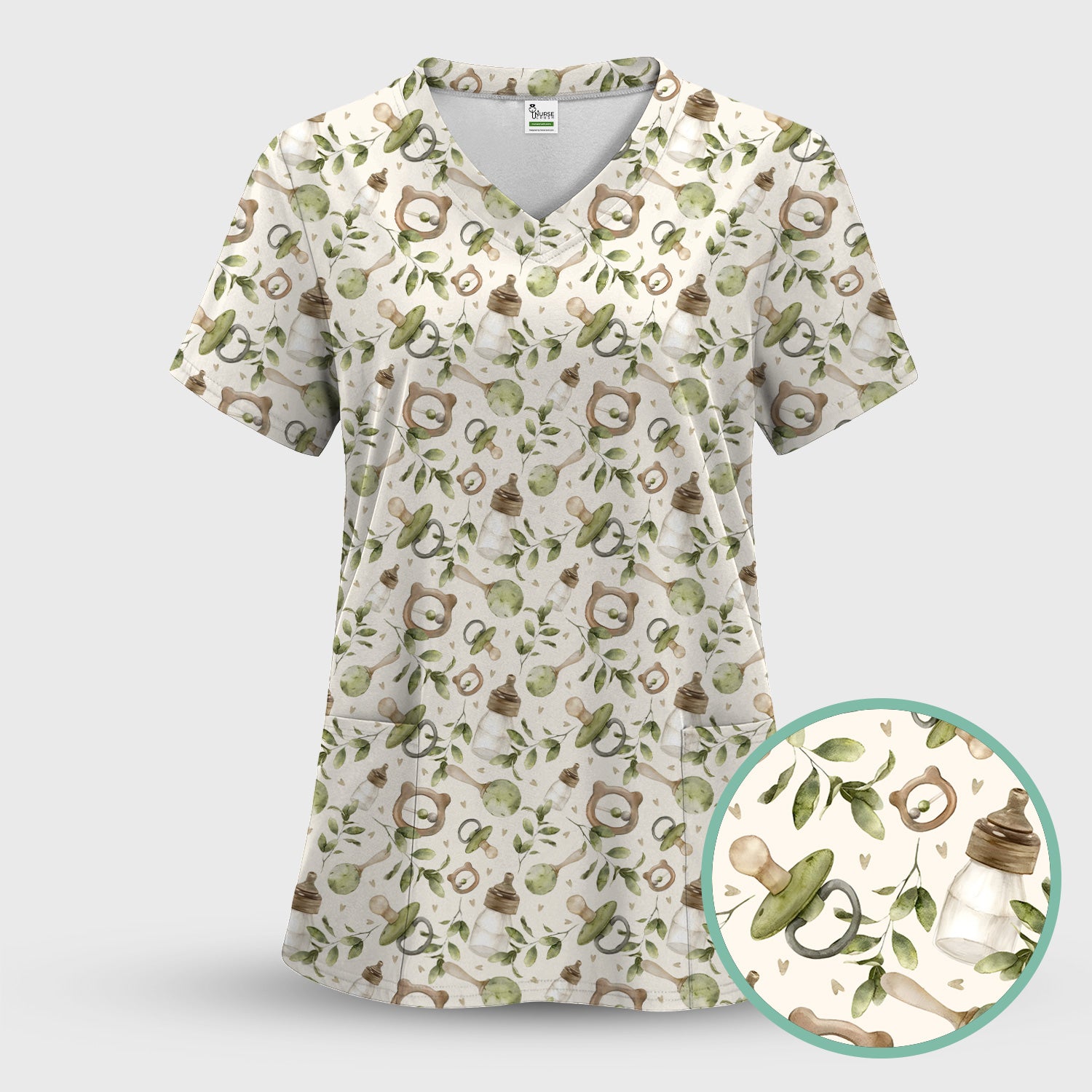 Cute Baby Bottle and Greenery Pattern Scrub Top, Breathable Fabrics Nursing Uniform