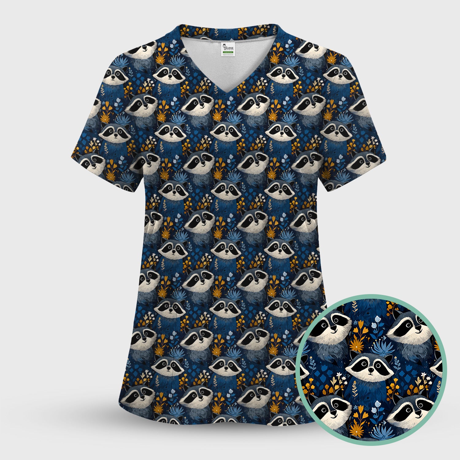 Raccoon With Blue Floral Forest Pattern Scrub Set, Scrub Pants and V Neck Top