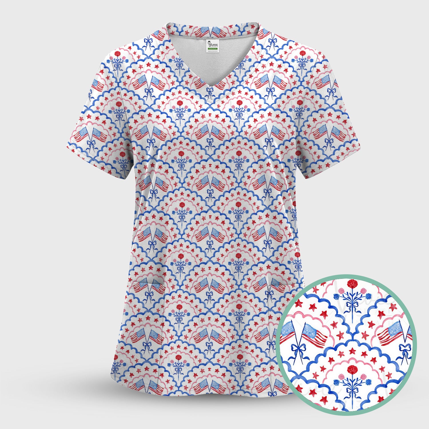 Patriotic Scallop Star Flag Floral Pattern Scrub Set, Scrub Pants and V Neck Top